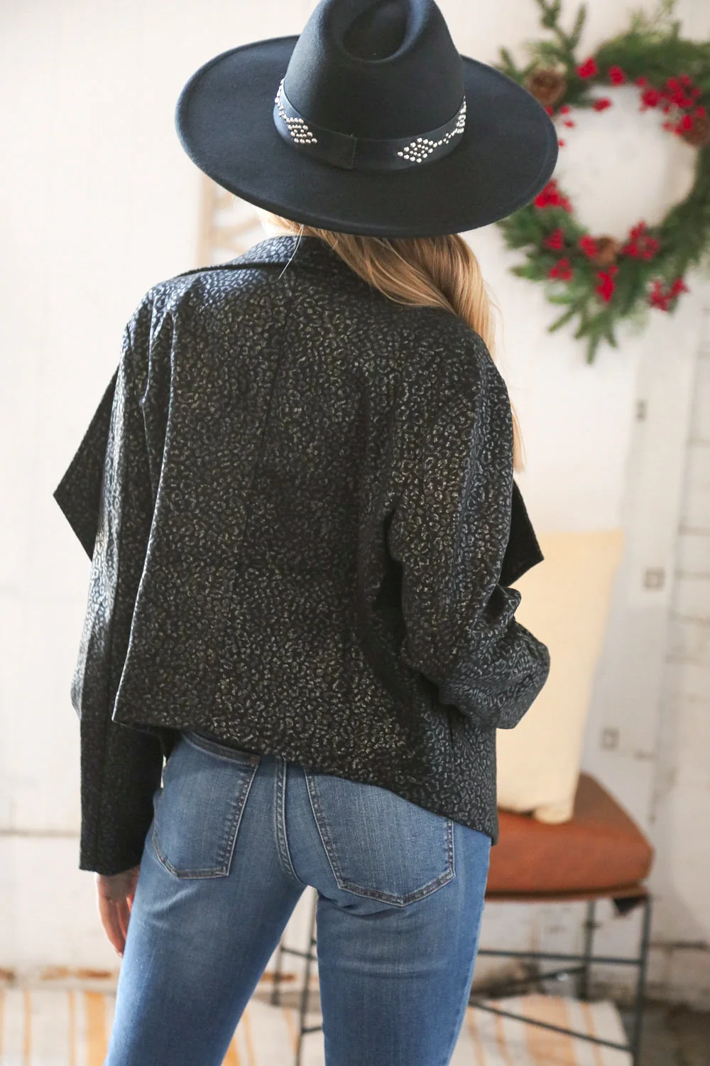 Black Holiday Matte Foiled Cheetah Print Blazer Jacket (Open Pack) - Image 16