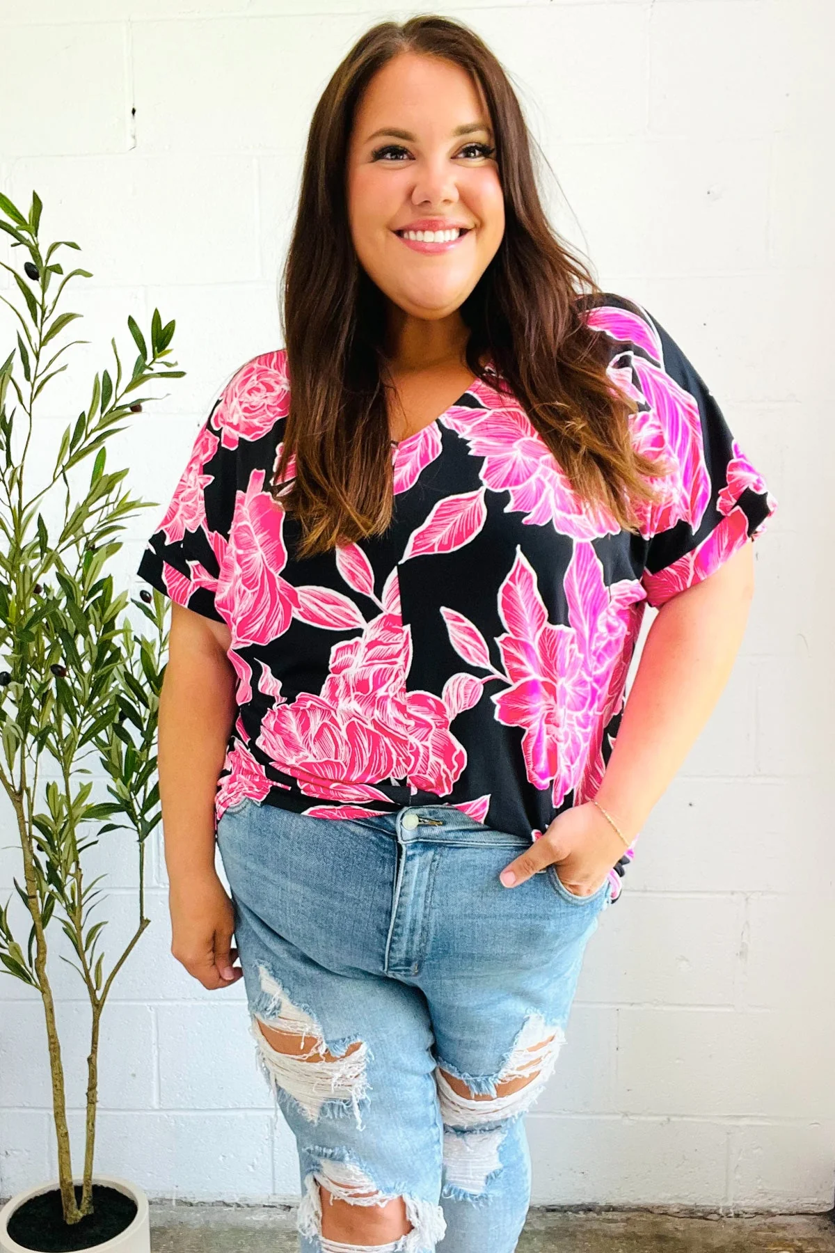 Tropical Vibes Black & Hot Pink Floral V Neck Top (Open Pack) - Image 14