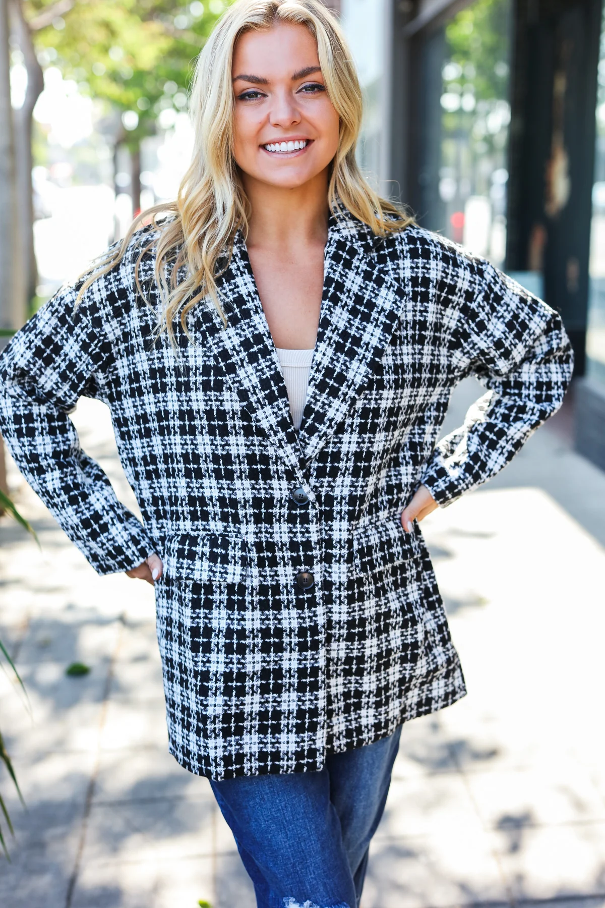 Black Houndstooth Design Blazer Coat - Image 4