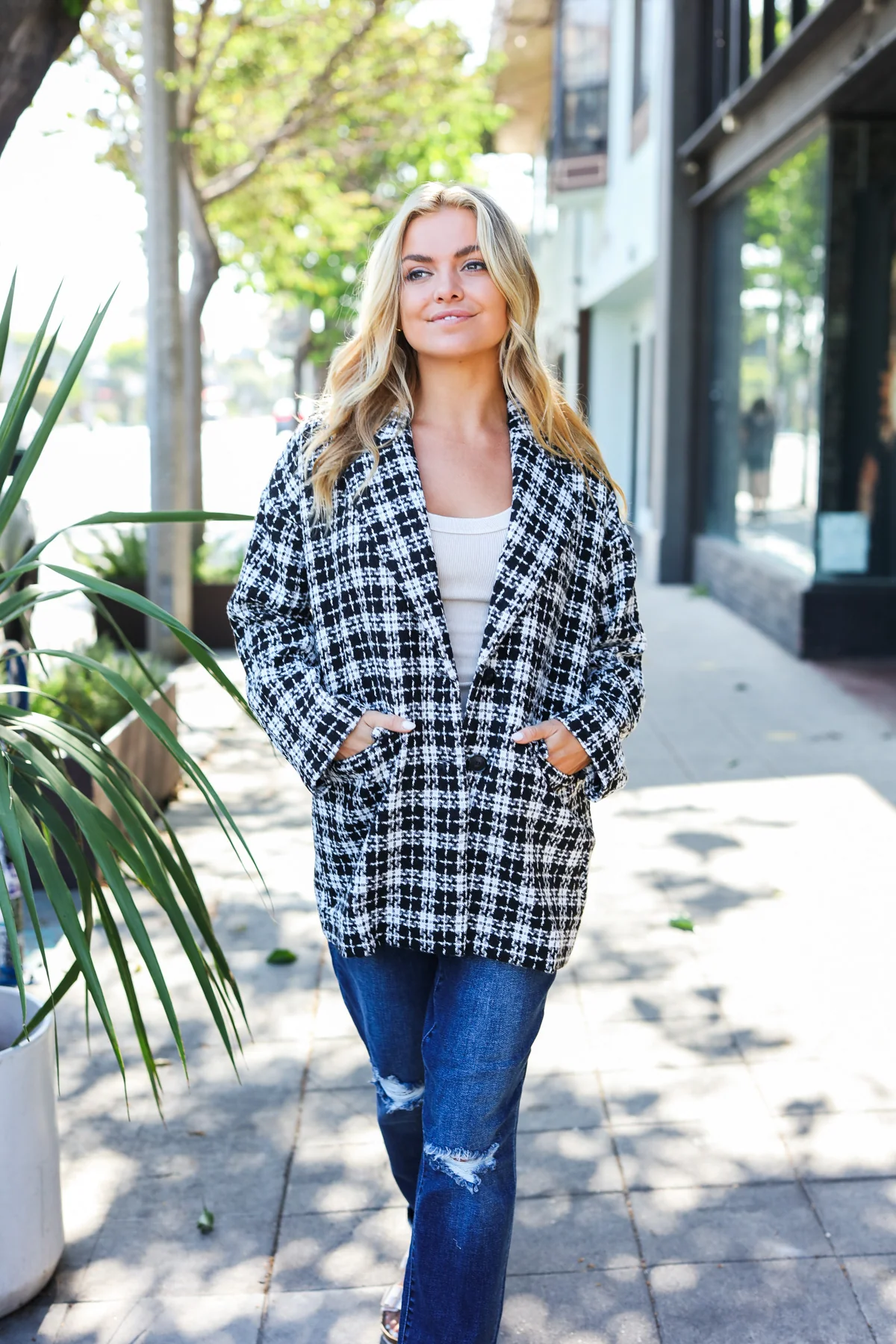 Black Houndstooth Design Blazer Coat - Image 7