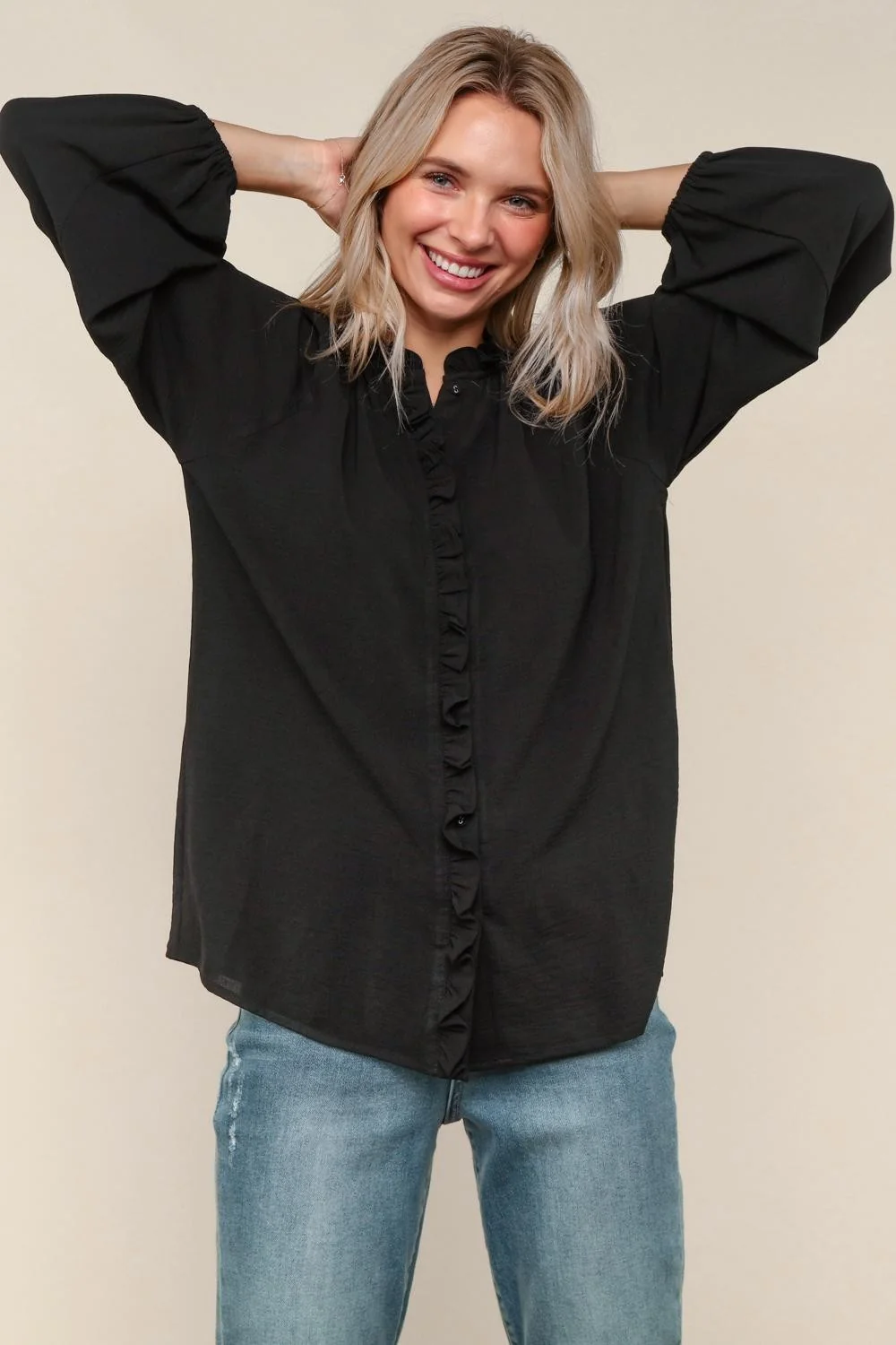 BLACK LONG SLEEVE BUTTON DOWN WOVEN BLOUSE TOP - Image 5