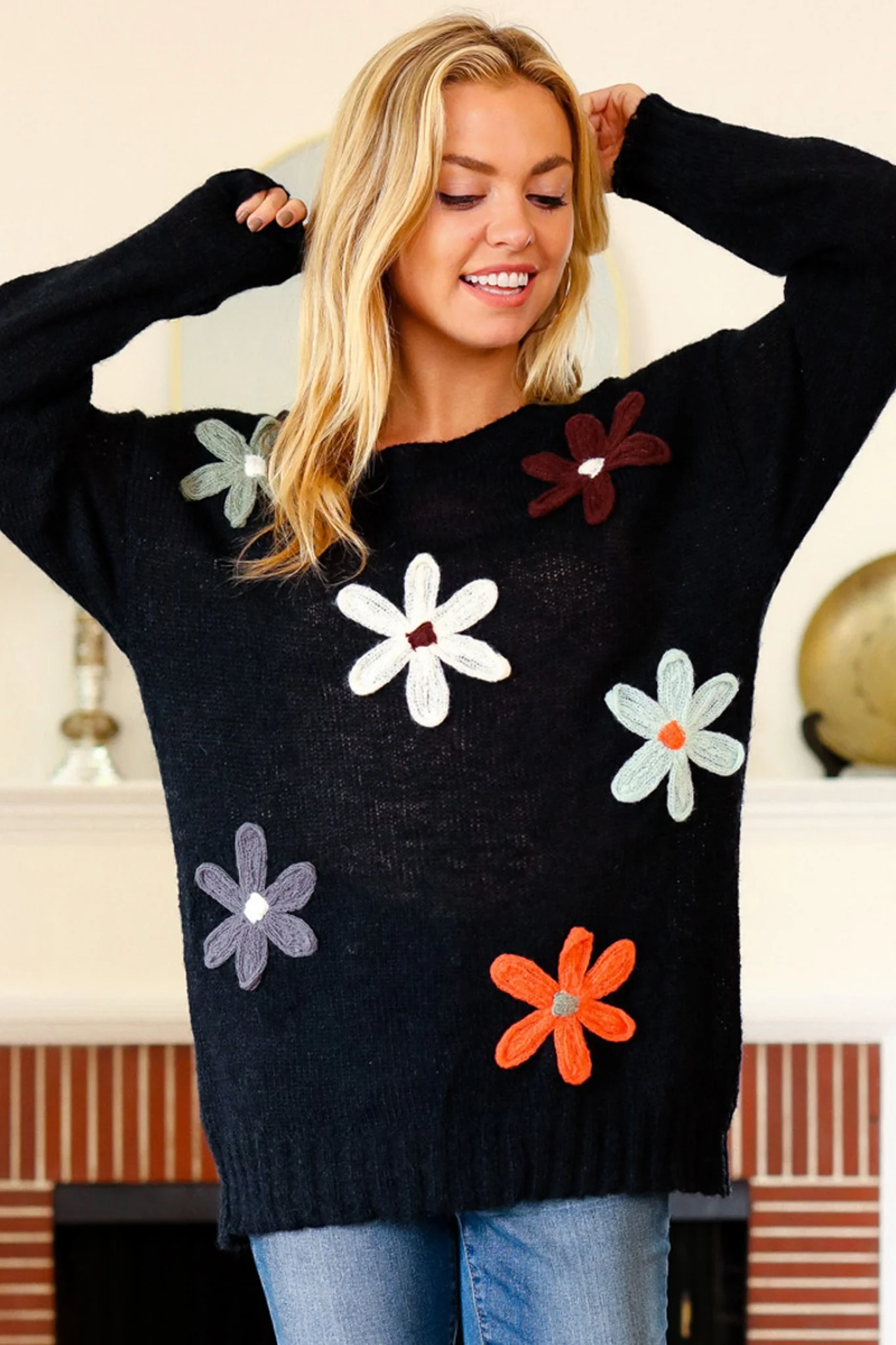 BLACK LONG SLEEVE FLOWER PATCHES SWEATER KNIT TOP - Image 3