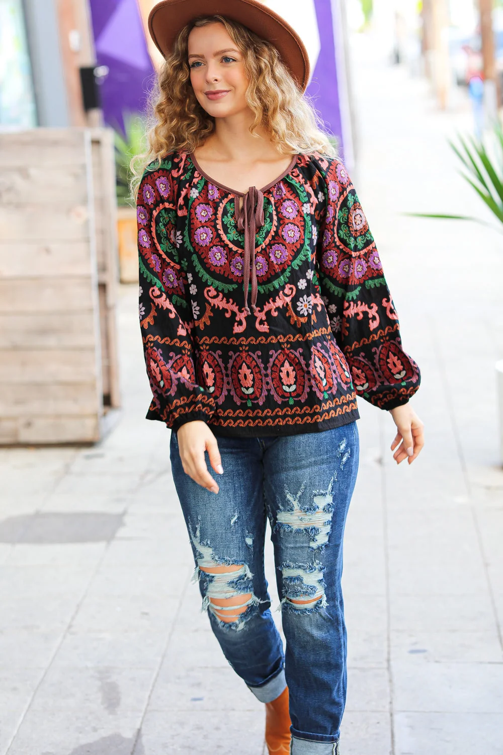 Take The Leap Black & Mauve Border Print Boho Tie Top (Open Pack) - Image 19