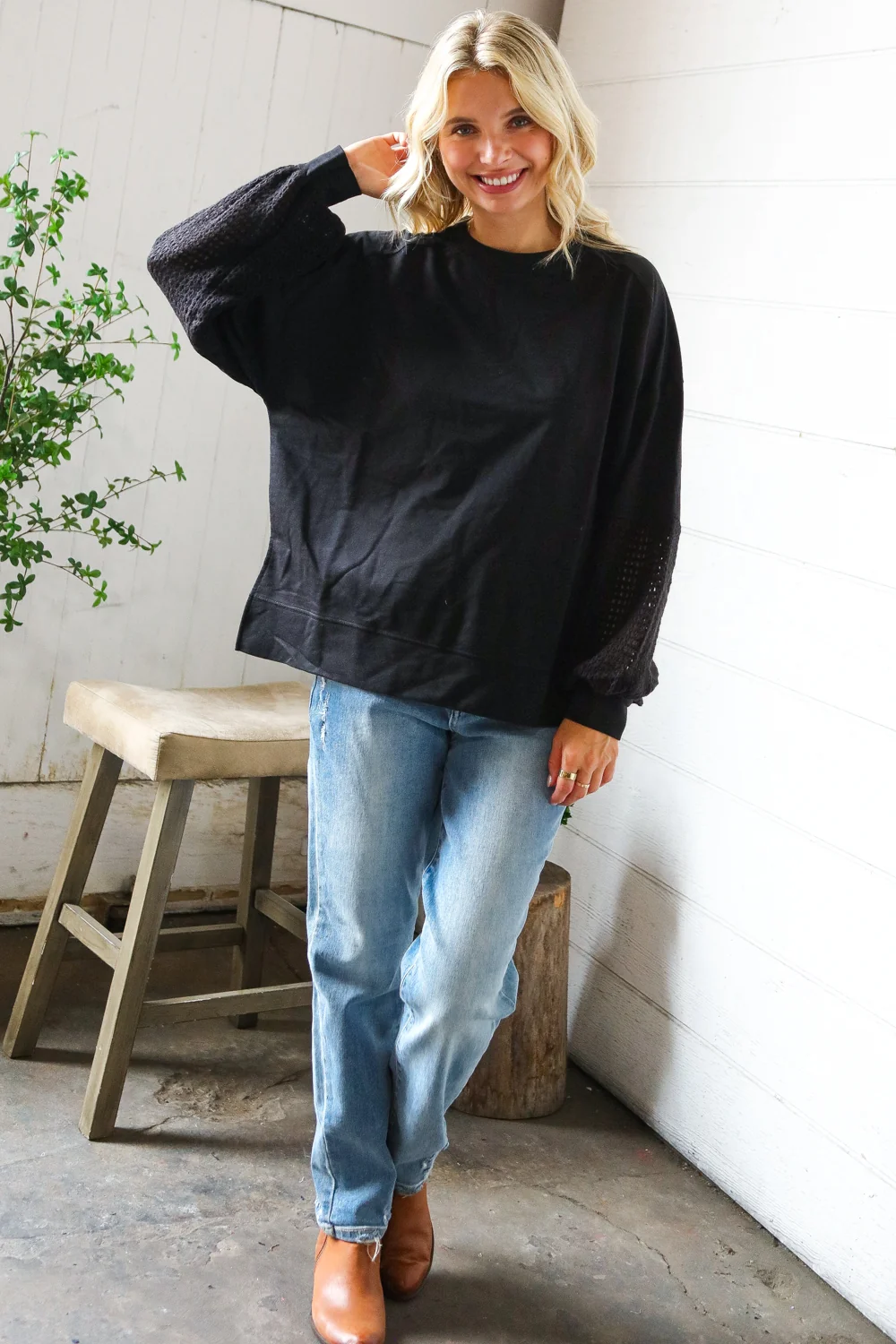 Black Mesh Crochet Sleeve Pullover - Image 2