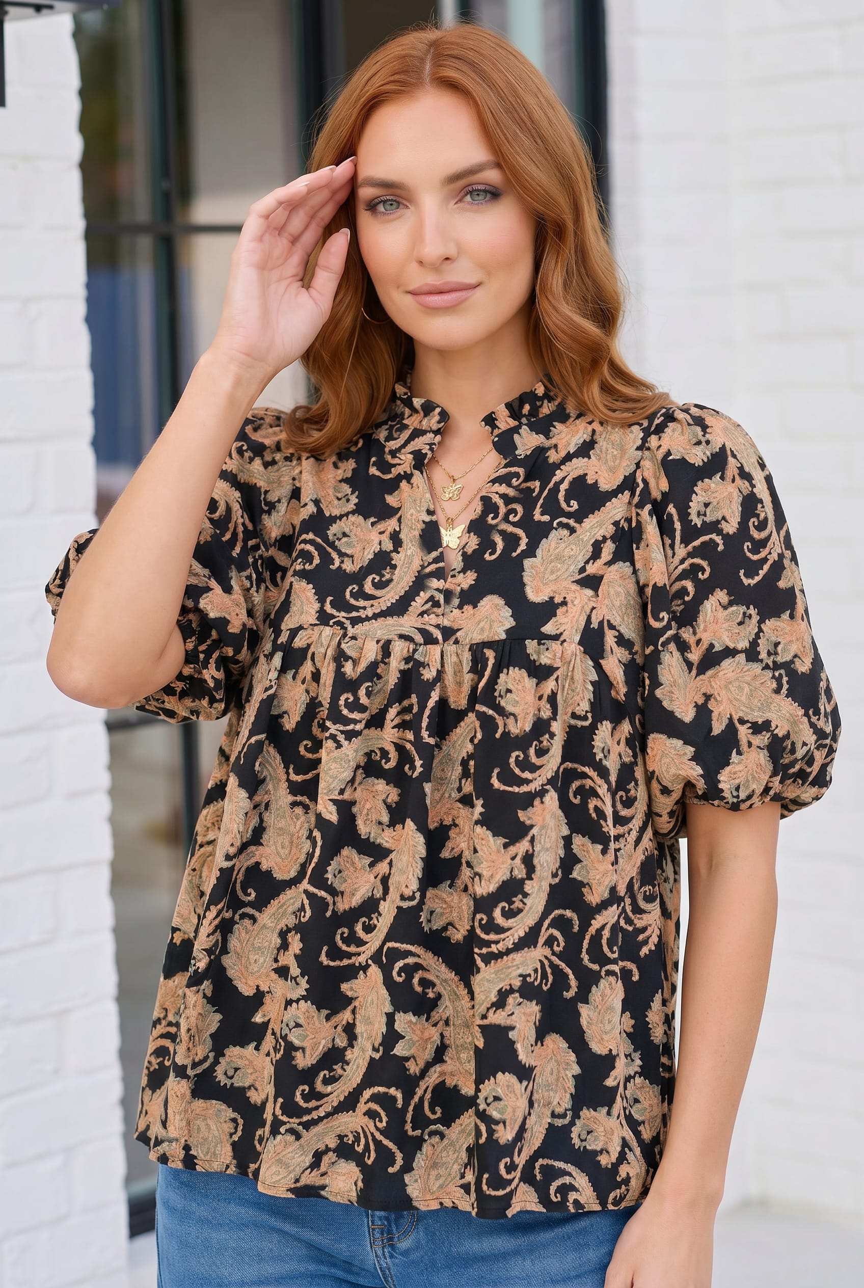 Black Paisley Print Puff Sleeve Babydoll Blouse
