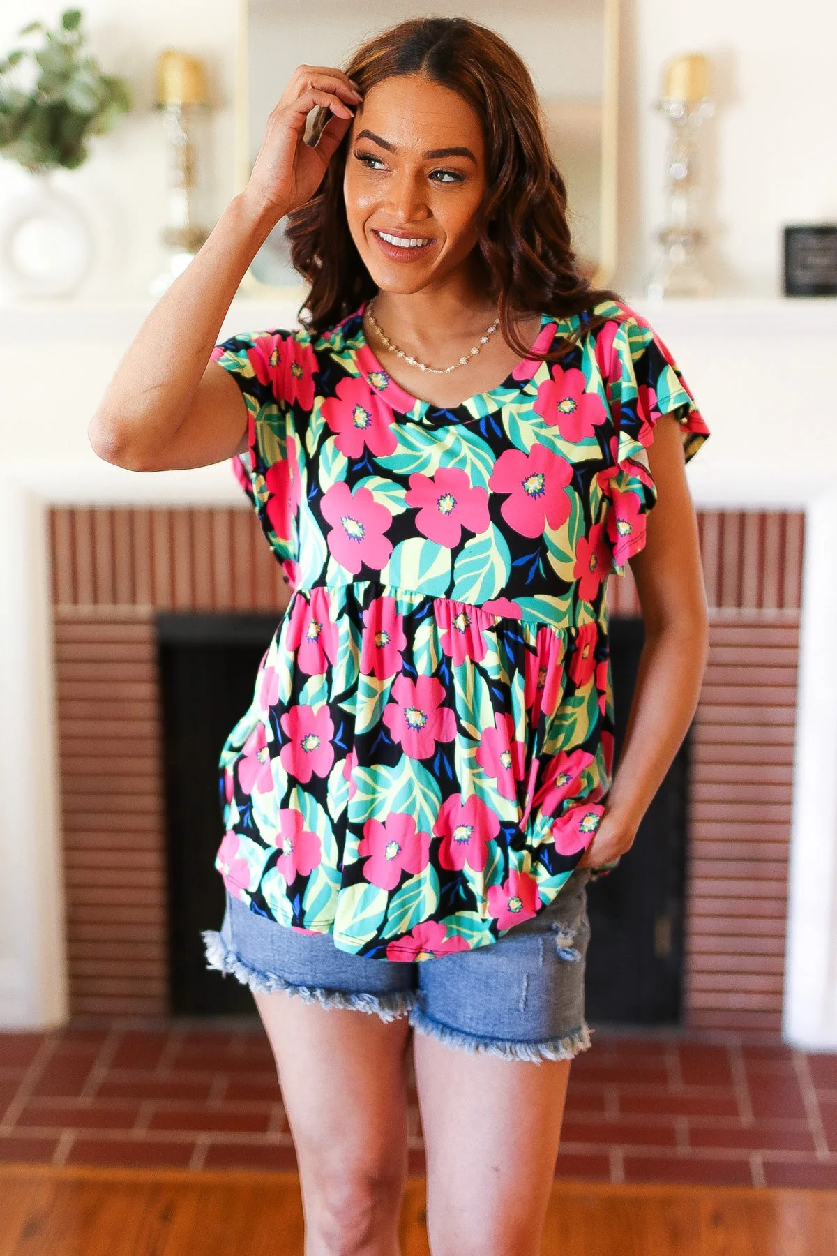 Black & Pink Floral Ruffle Short Sleeve Babydoll Top (Open Pack) - Image 4
