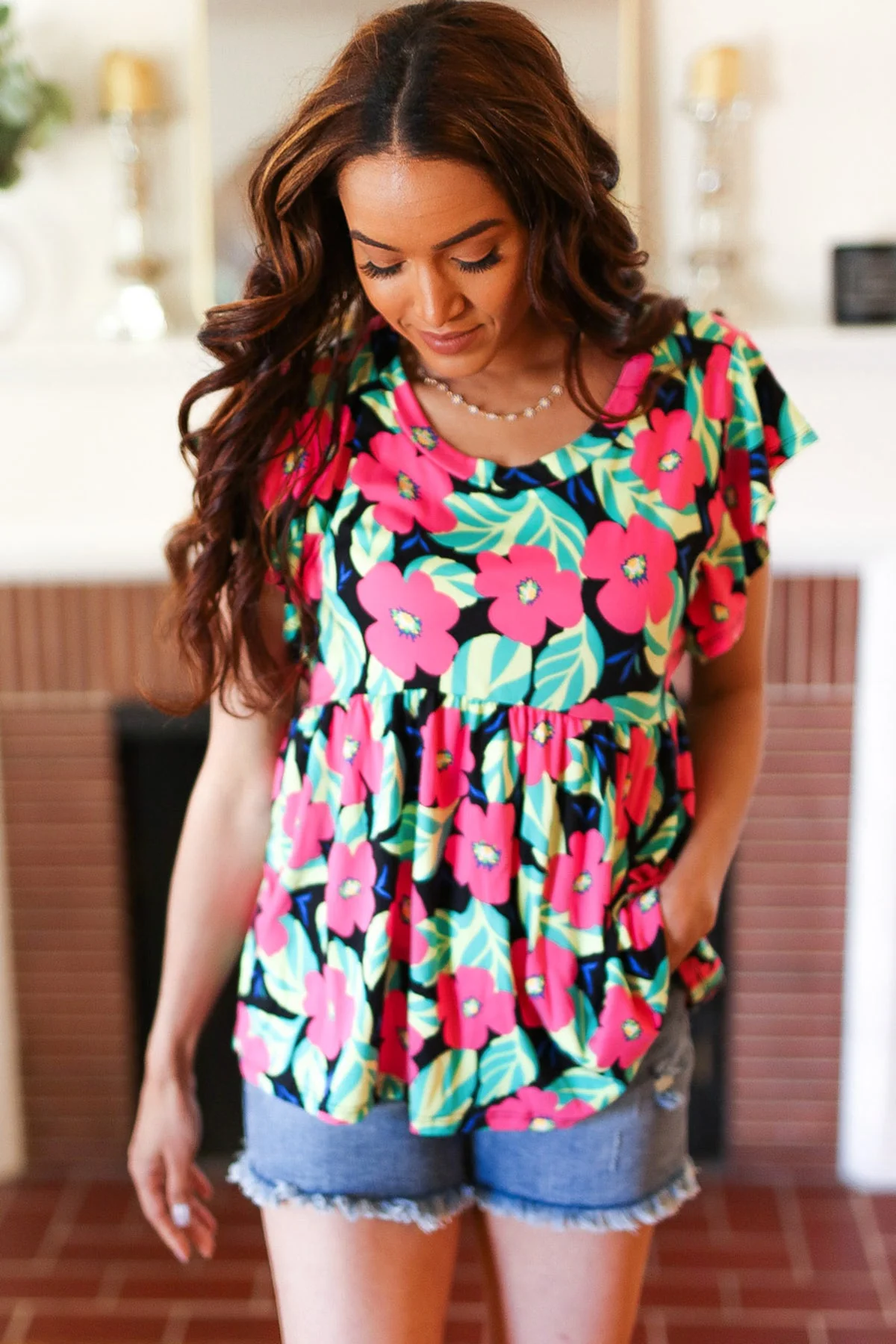 Black & Pink Floral Ruffle Short Sleeve Babydoll Top (Open Pack) - Image 7