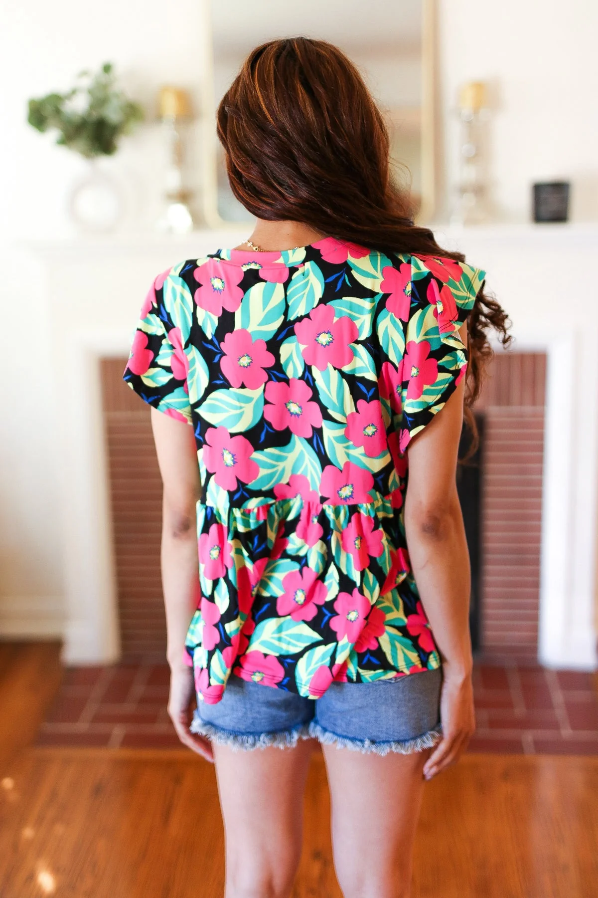 Black & Pink Floral Ruffle Short Sleeve Babydoll Top (Open Pack) - Image 8