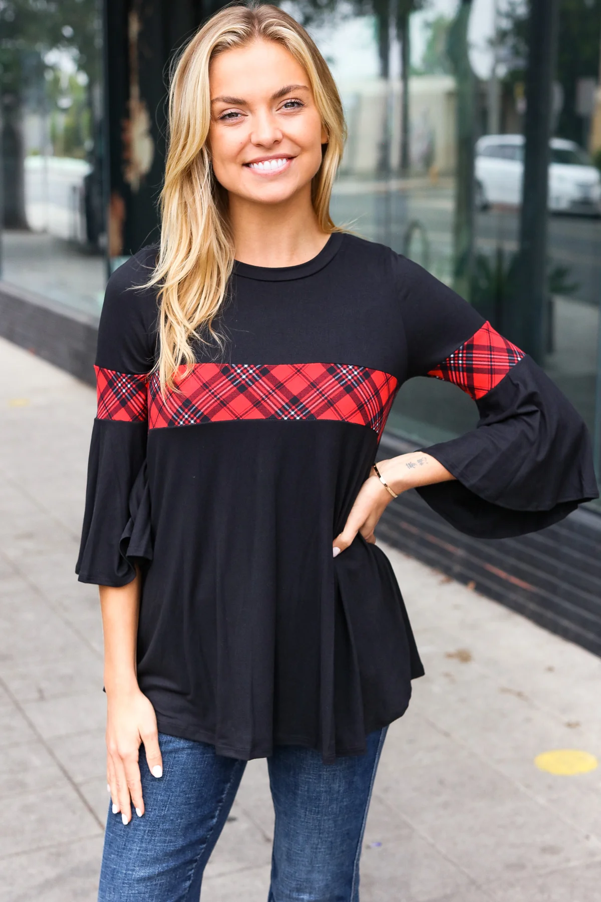Black & Red Plaid Bell Sleeve Top