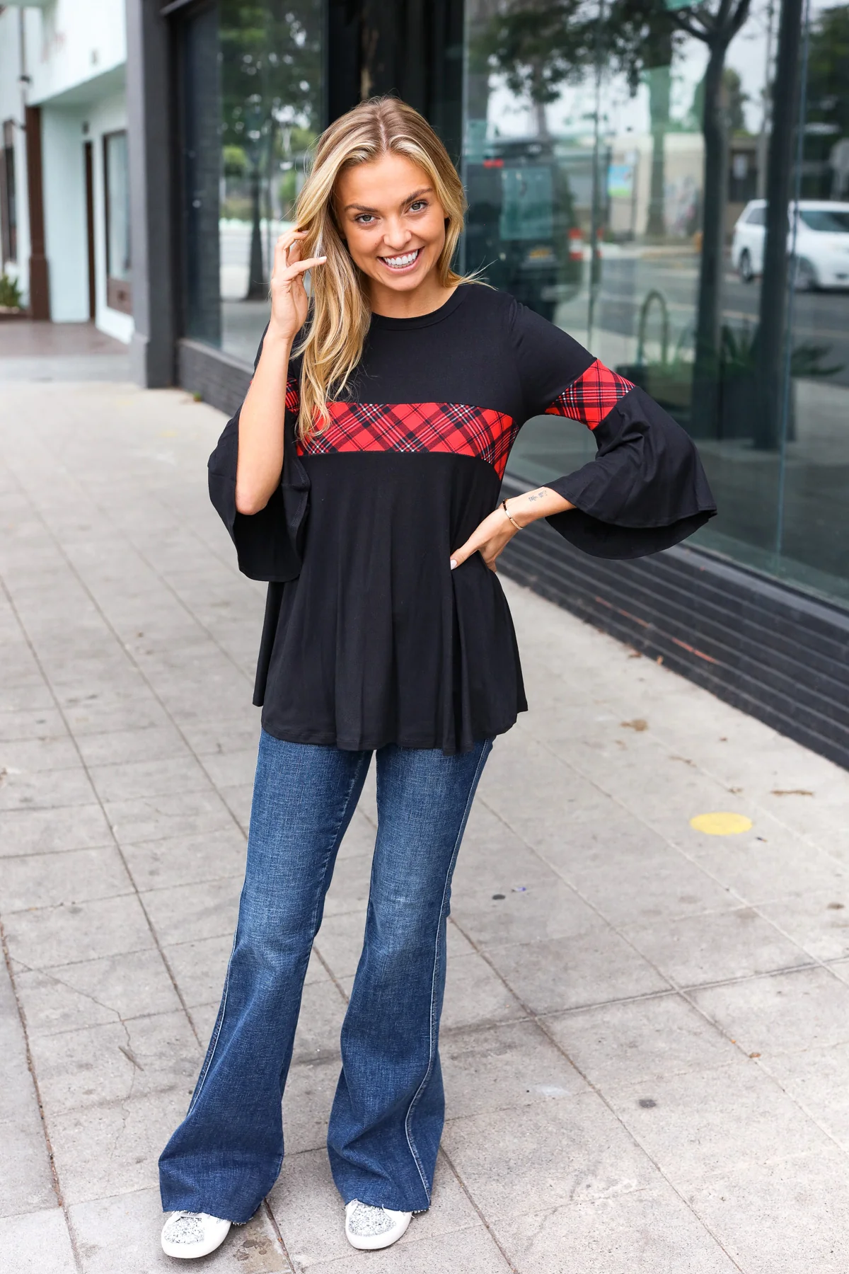 Black & Red Plaid Bell Sleeve Top - Image 2