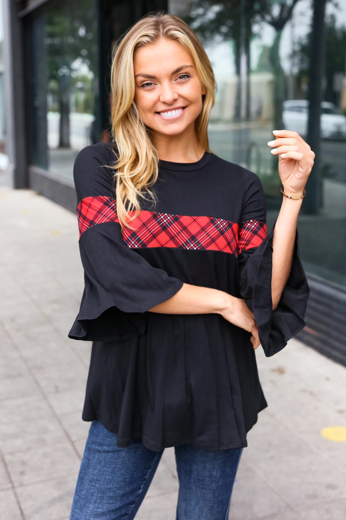 Black & Red Plaid Bell Sleeve Top - Image 3
