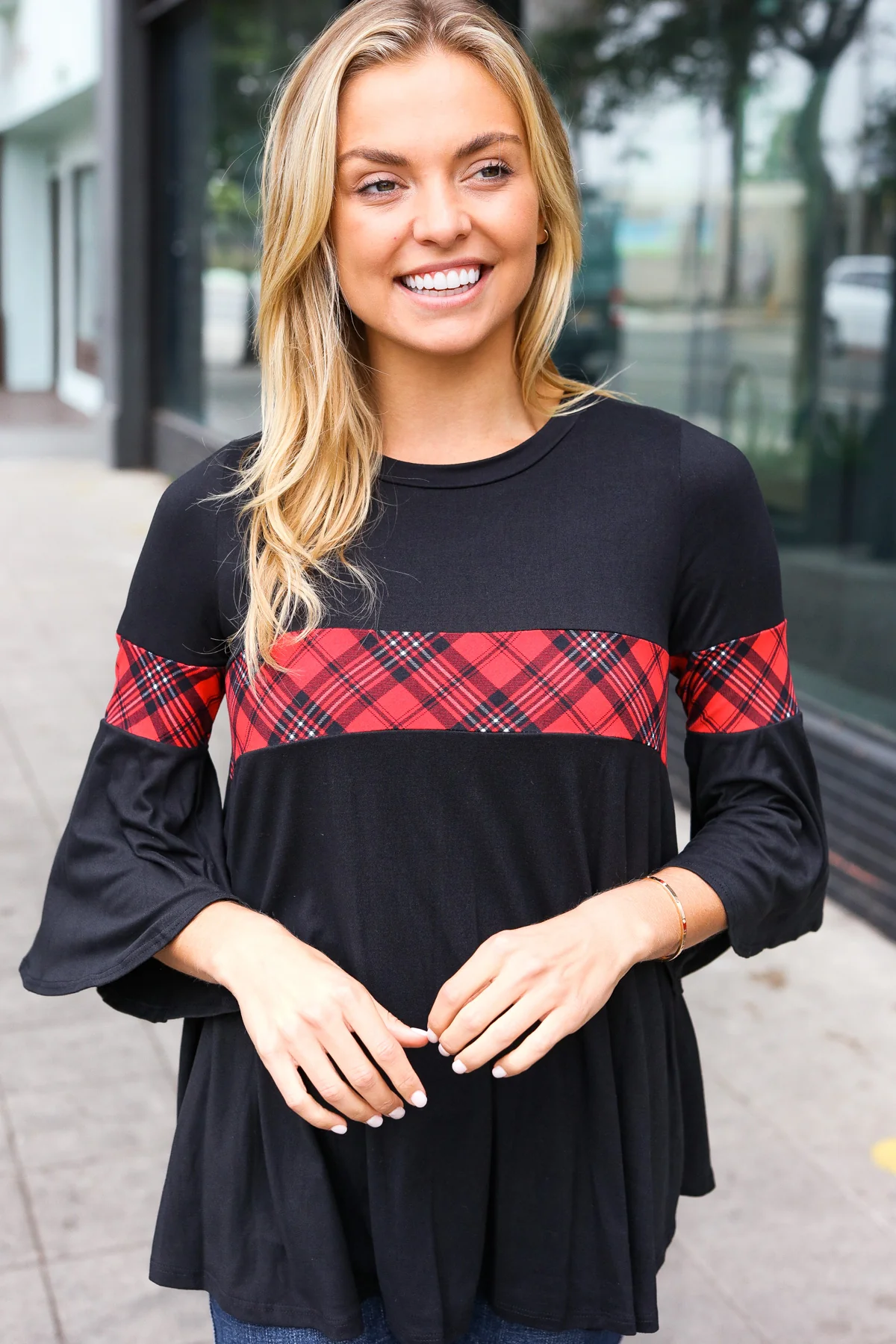 Black & Red Plaid Bell Sleeve Top - Image 4