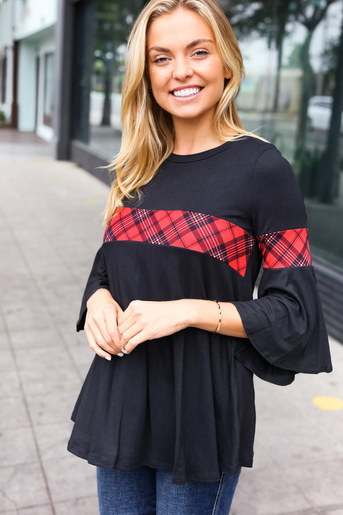 Black & Red Plaid Bell Sleeve Top - Image 5
