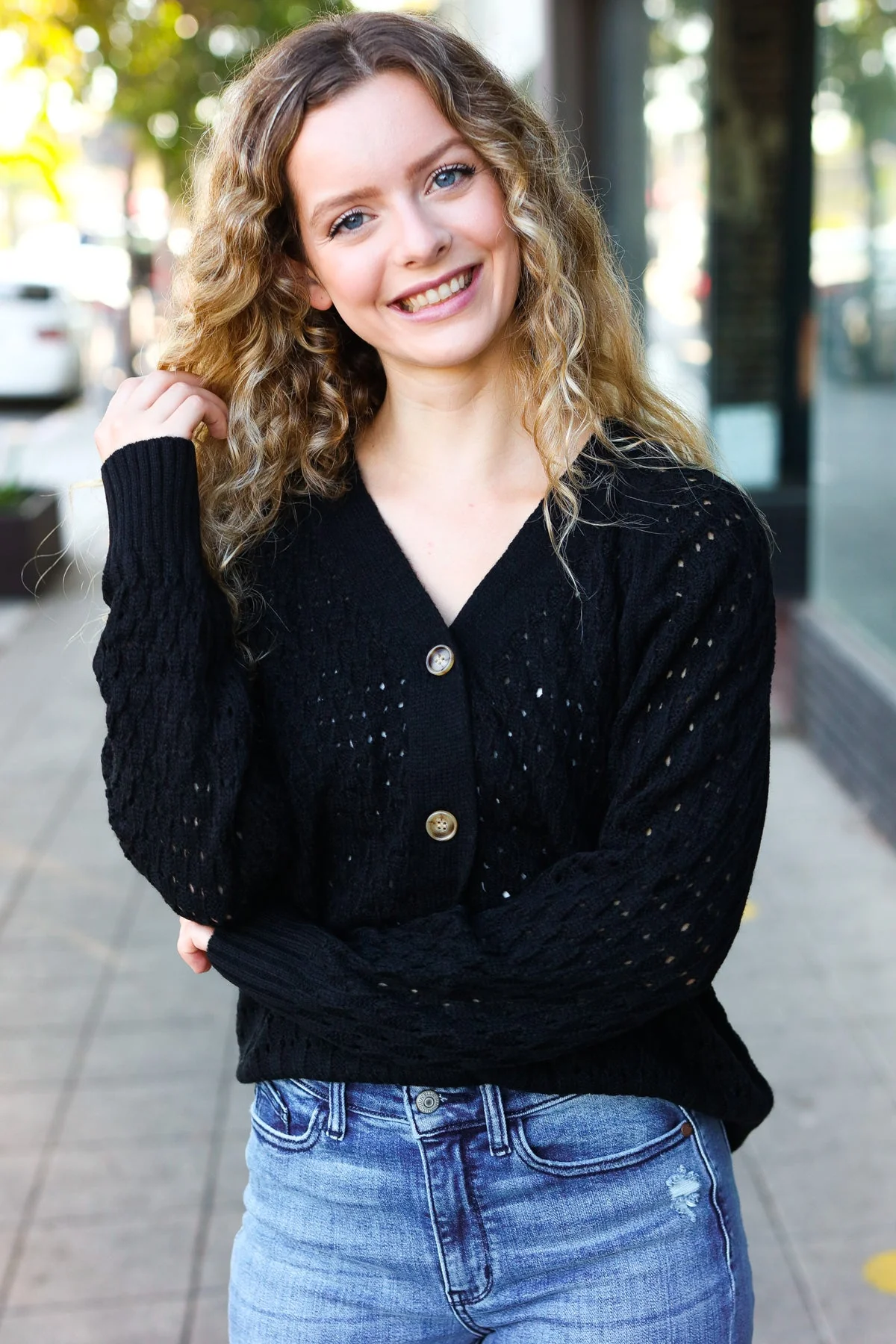 Follow Me Black Pointelle Knit Button Down Cardigan (Open Pack) - Image 11