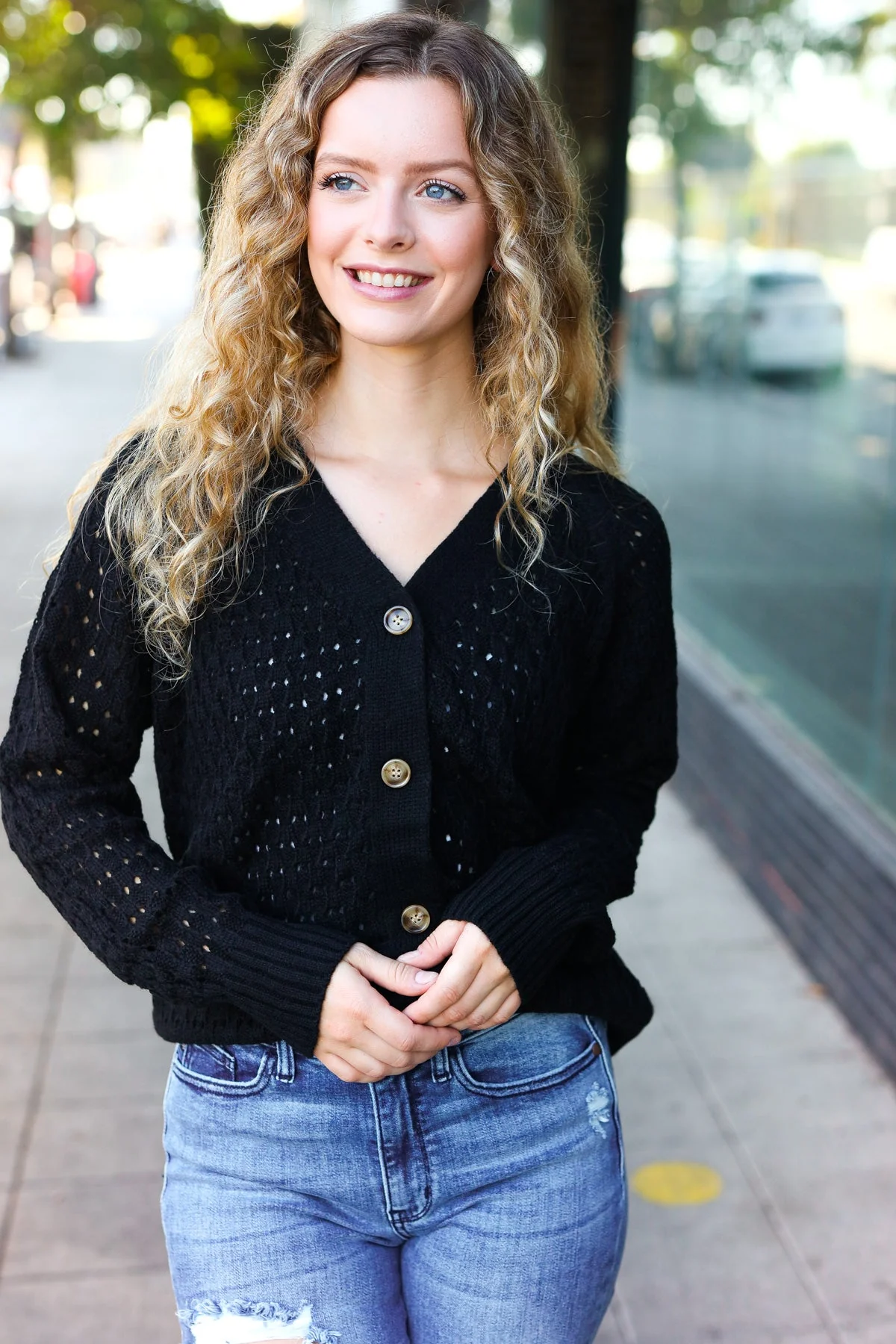 Follow Me Black Pointelle Knit Button Down Cardigan (Open Pack) - Image 13