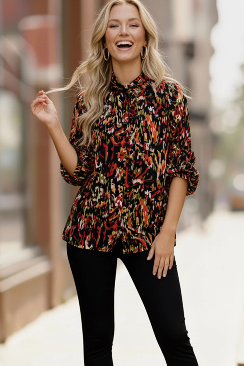 Black Scribble Abstract Print Button Down Blouse - Image 2