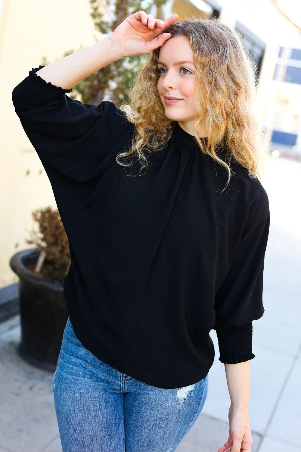 Black Smocked Three Quarter Sleeve Tie Back Top (Open Pack) - Image 4