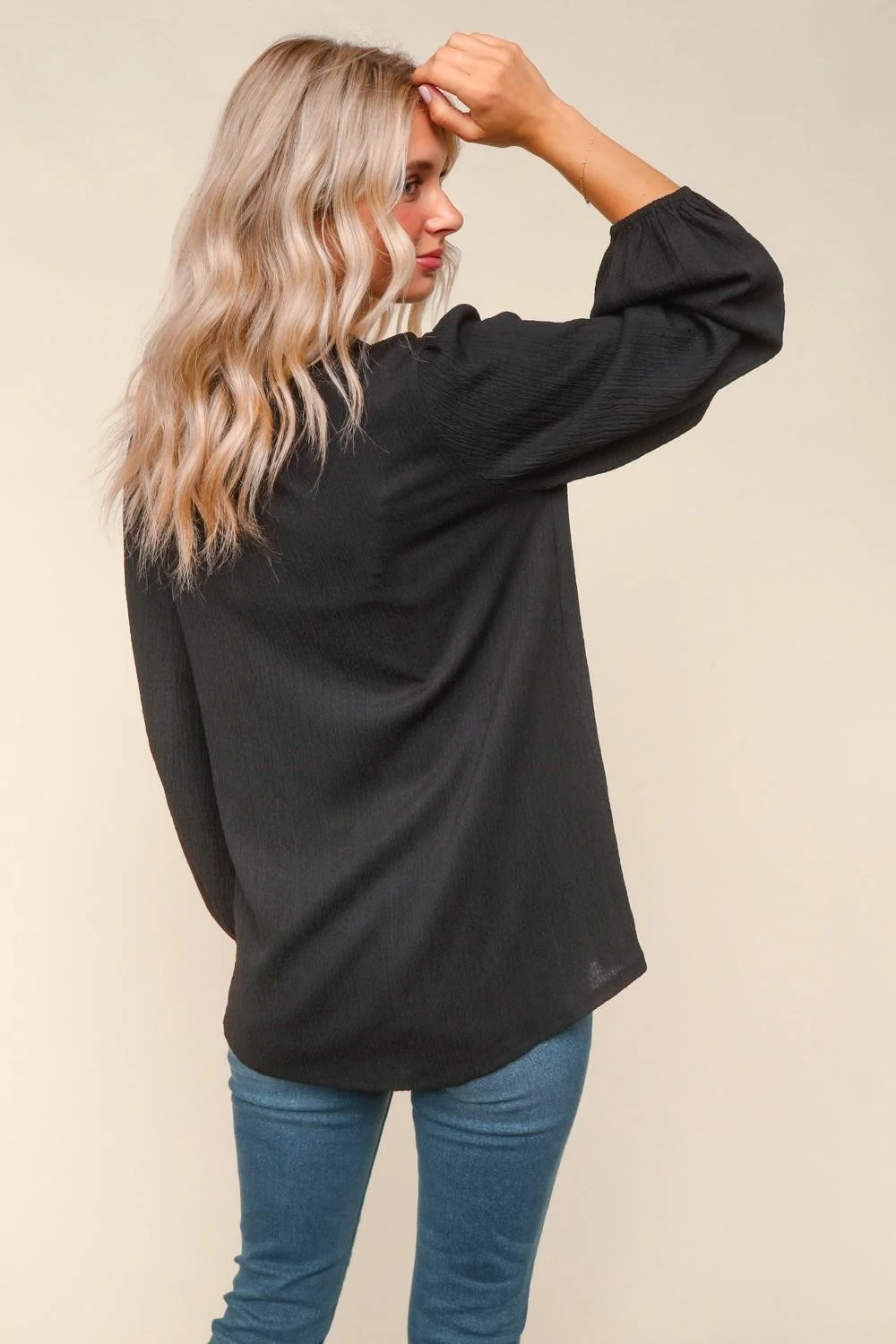 Black Solid V Neck Textured Woven Blouse - Image 2