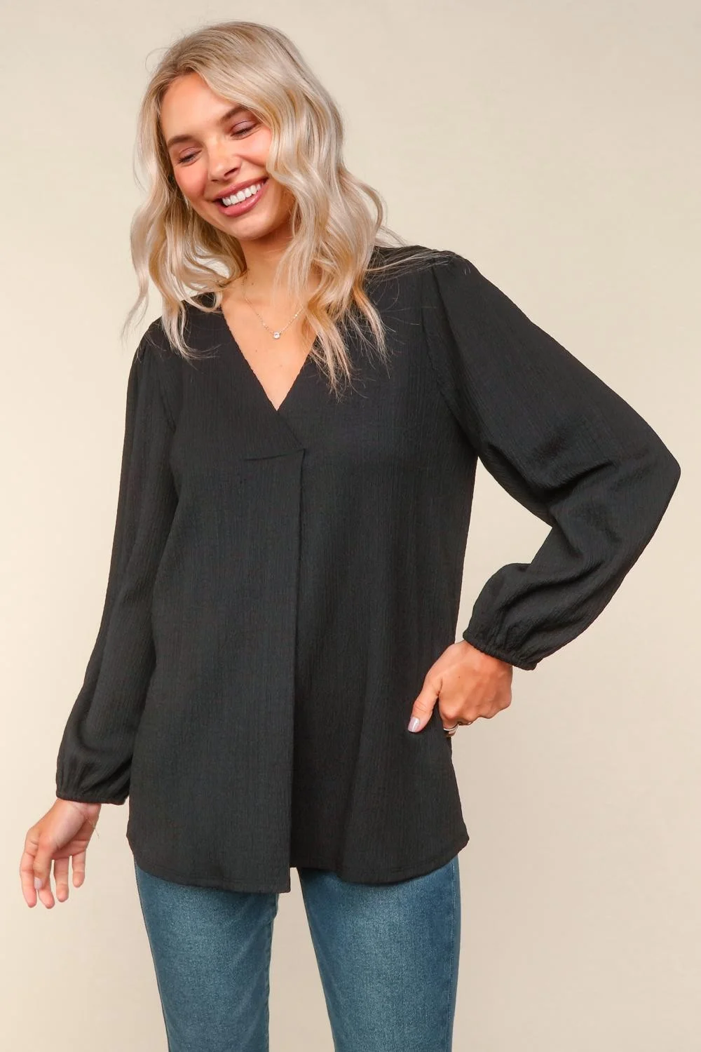 Black Solid V Neck Textured Woven Blouse - Image 5