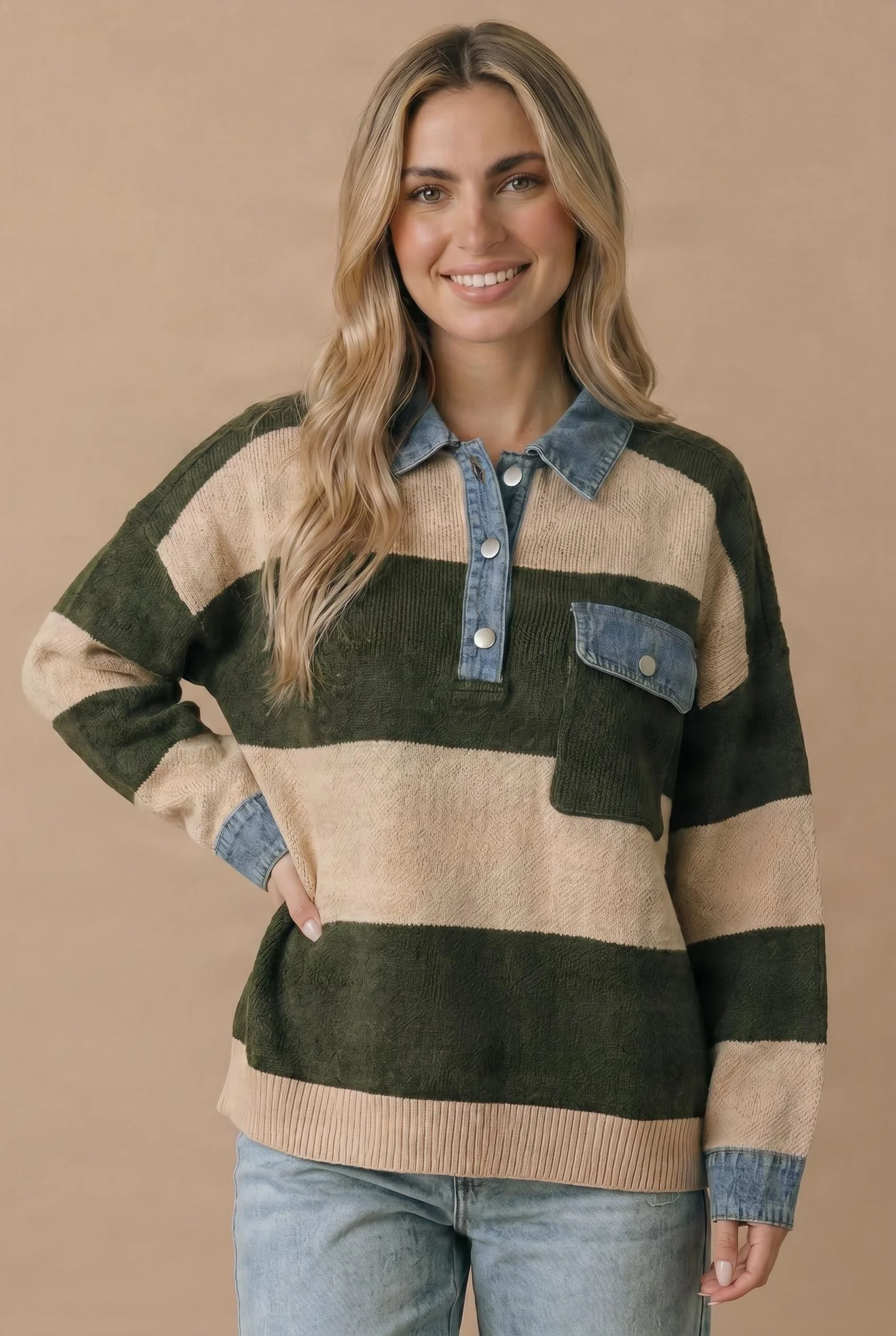 Blue and Brown Striped Denim Collar Sweater - Image 3