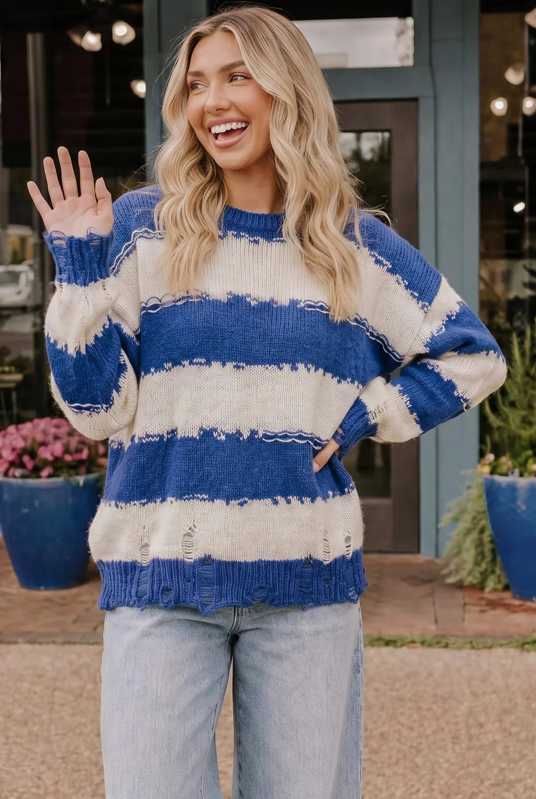 Blue and Ivory Striped Distressed Knit Sweater - Image 2