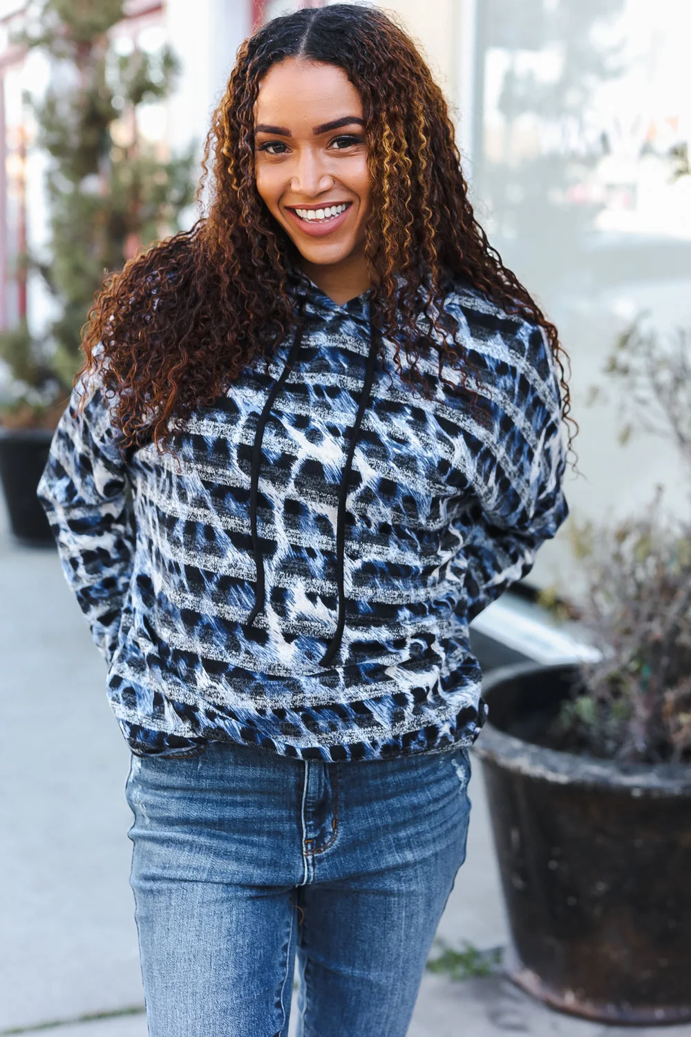 Casual Chic Blue & Black Animal Print Stripe Hoodie (Open Pack) - Image 6