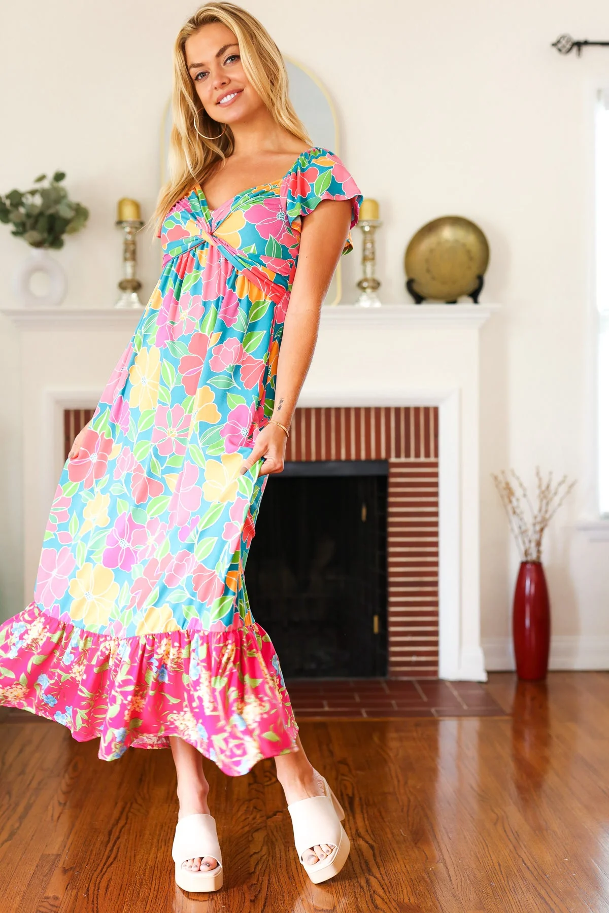 Vacay Vibes Blue Floral Print Twisted Neckline Maxi Dress (Open Pack) - Image 12