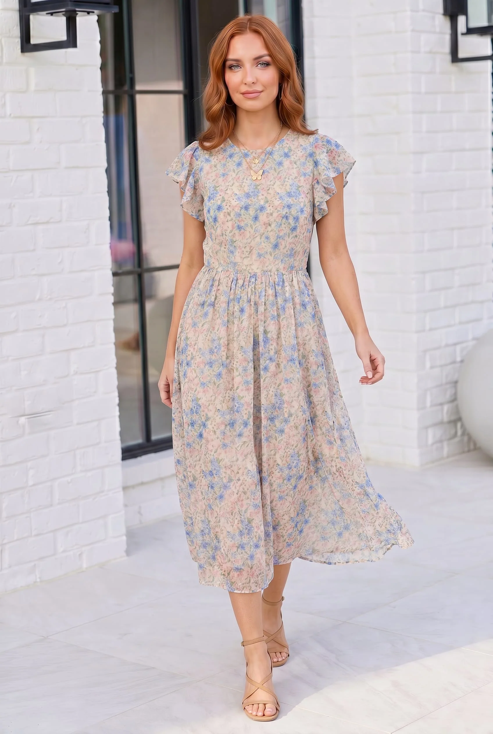 Plus Blue Floral Flutter Sleeve Mesh Lined Dress - Image 3