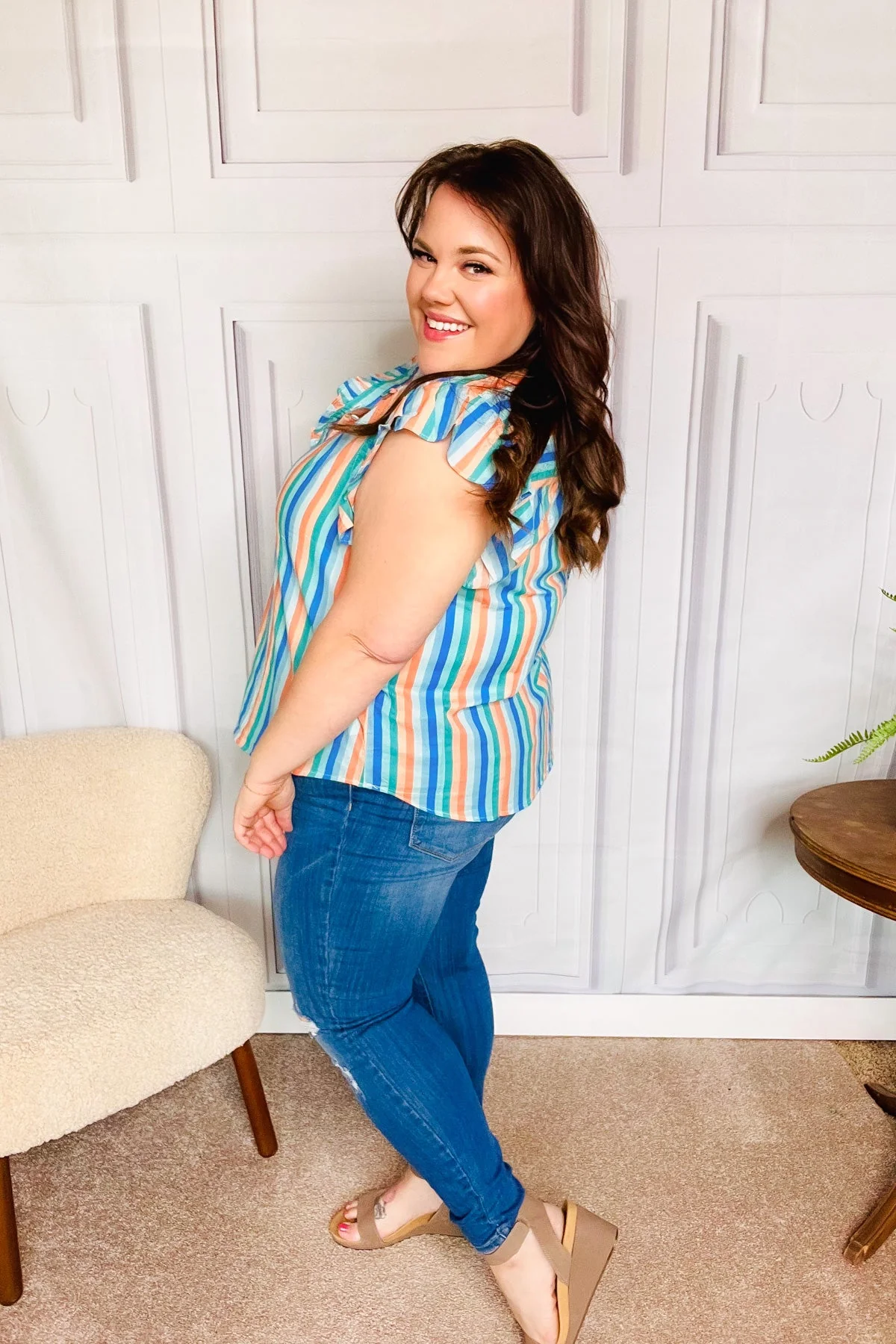 Happy Thoughts Sky Blue Striped Frill Button Down Top (Open Pack) - Image 10
