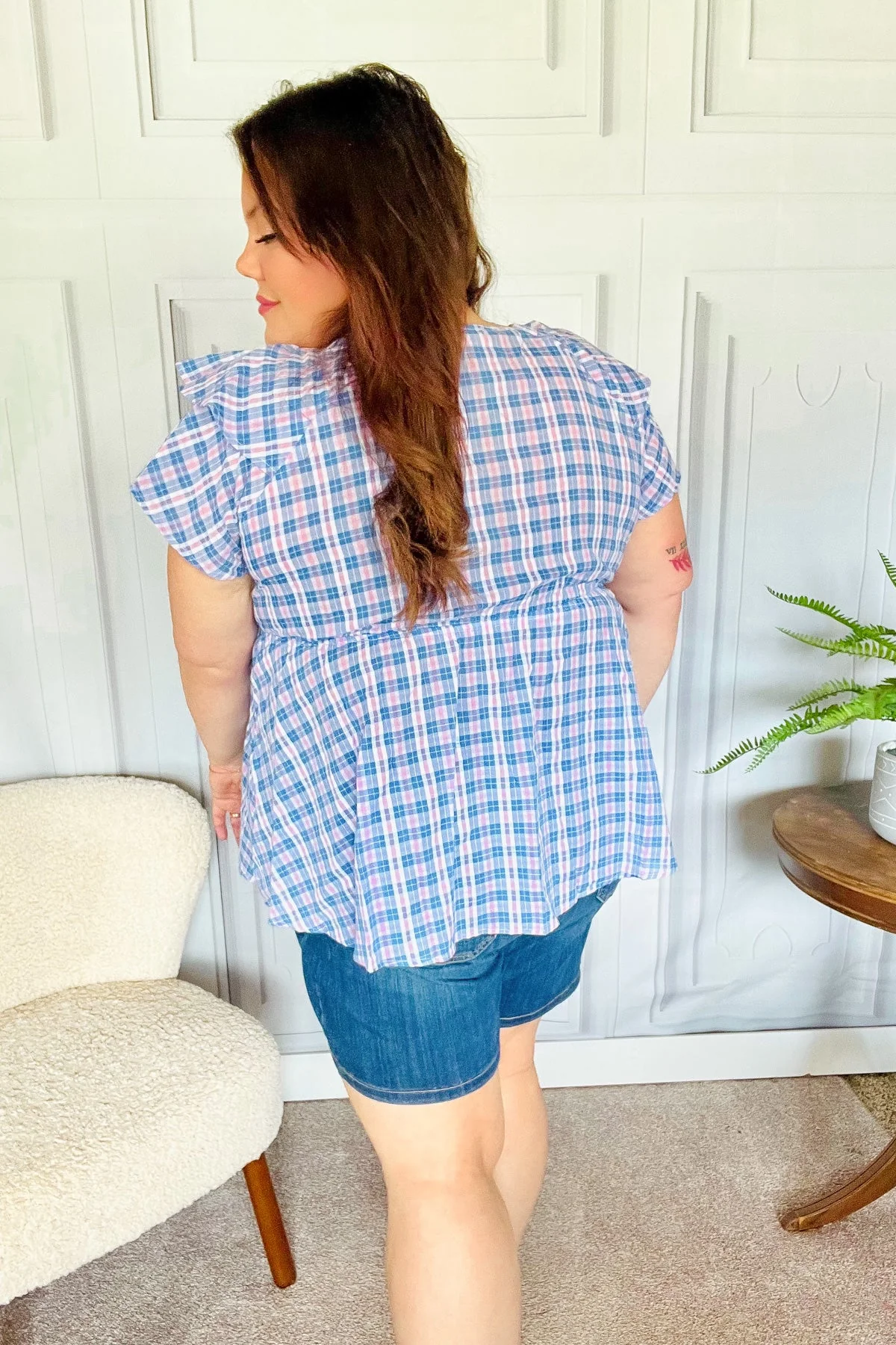 Hello Beautiful Blue Plaid V Neck Ruffle Elastic Babydoll Top (Open Pack) - Image 15