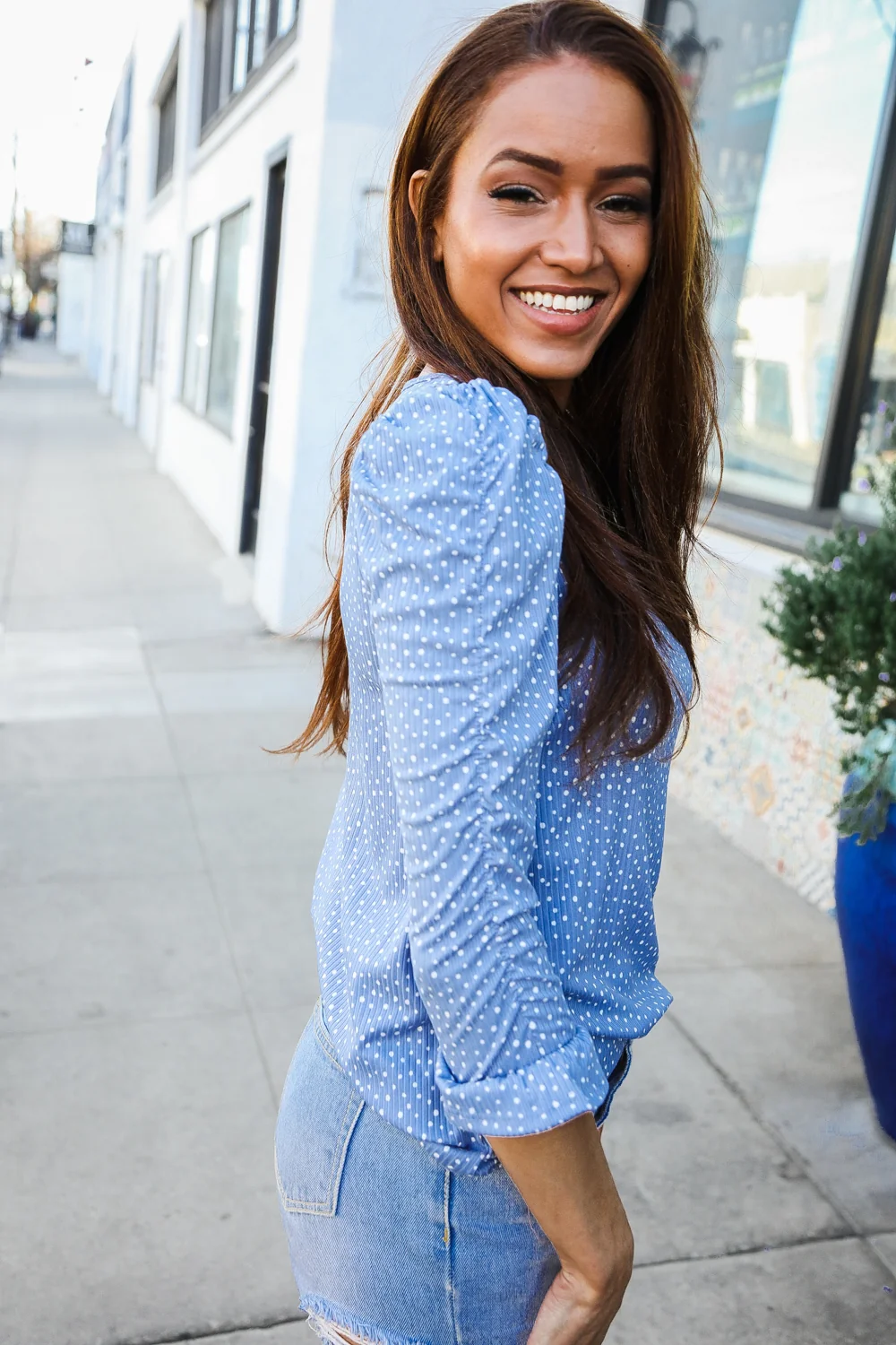 Blue Ribbed Dotted Ruched Sleeve Top - Image 5