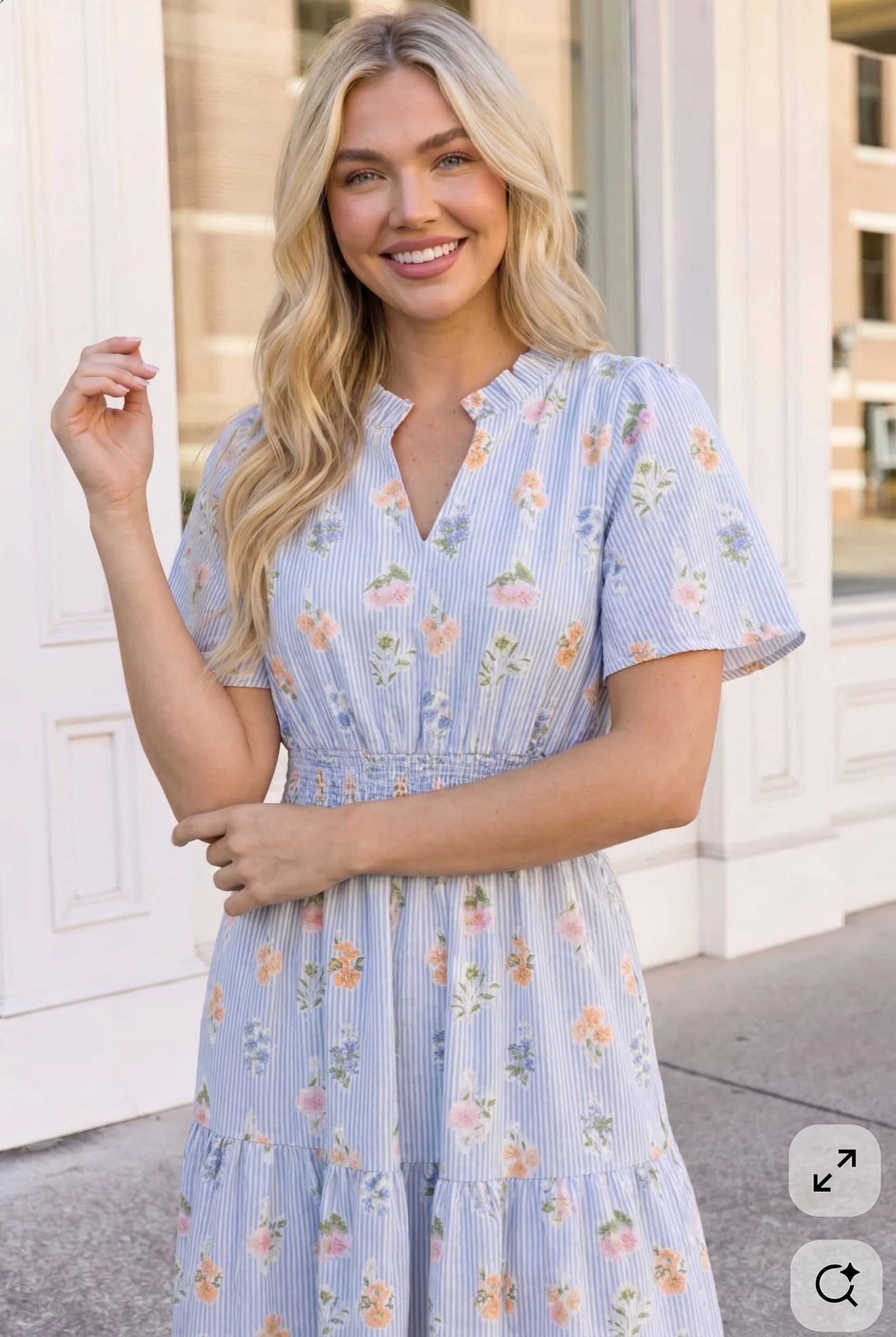 Plus Blue Stripe Floral Smocked Waist Tiered Midi Dress - Image 2