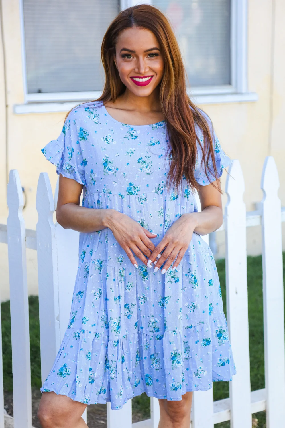 Blue Swiss Dot Floral Tiered Dress