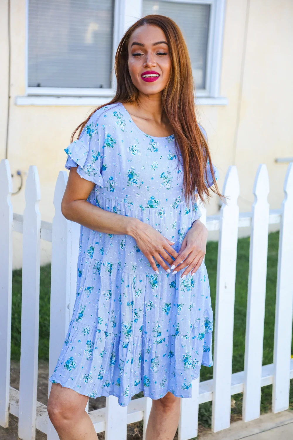Blue Swiss Dot Floral Tiered Dress - Image 2