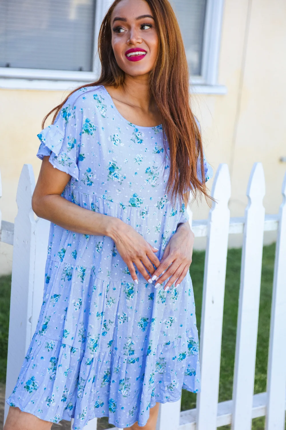 Blue Swiss Dot Floral Tiered Dress - Image 4