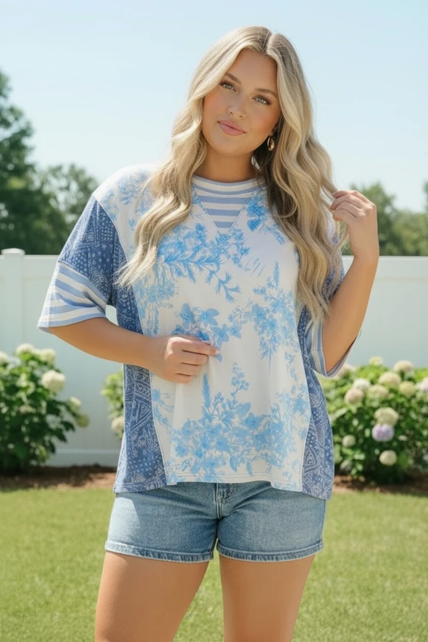 Blue Toile Mixed Print Oversized Tee (Open Pack) - Image 6
