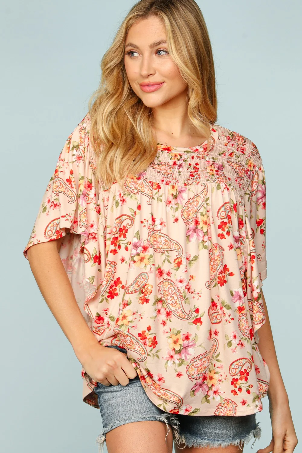 Blush Coral Floral Paisley Smocked Neck Short Sleeve Top - Image 2