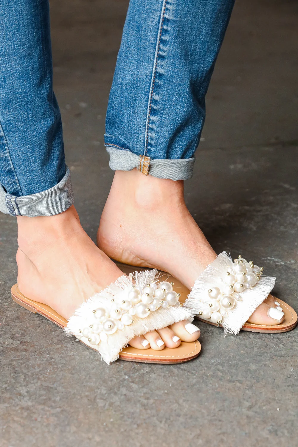 Ivory Linen Fray Beaded Faux Pearl Slide Sandal (Open Pack) - Image 4