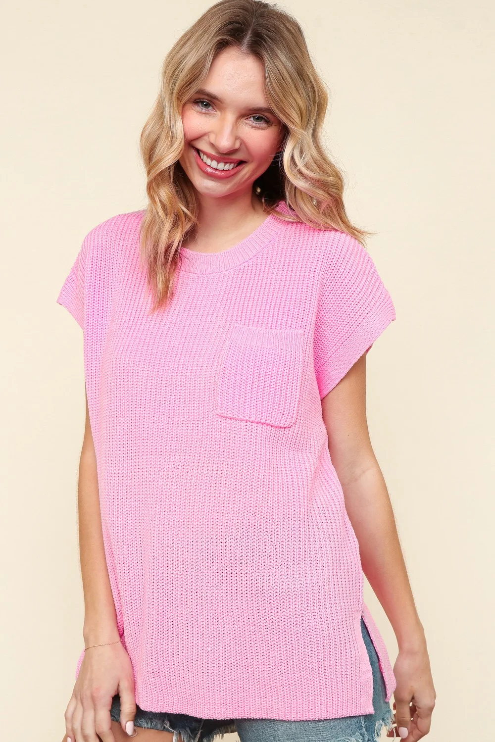 BLUSH SHORT SLEEVE OVERSIZED SWEATER KNIT W/ POCKET - Image 3