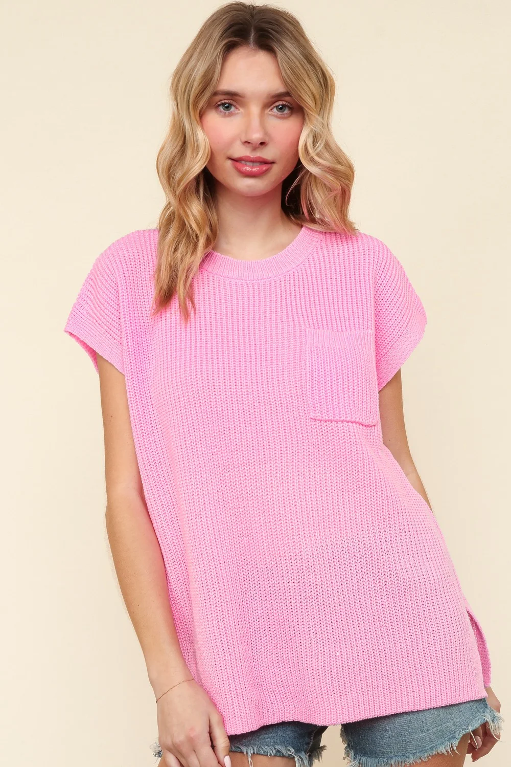 BLUSH SHORT SLEEVE OVERSIZED SWEATER KNIT W/ POCKET - Image 5