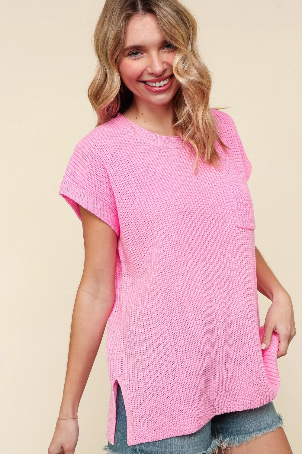 BLUSH SHORT SLEEVE OVERSIZED SWEATER KNIT W/ POCKET - Image 6