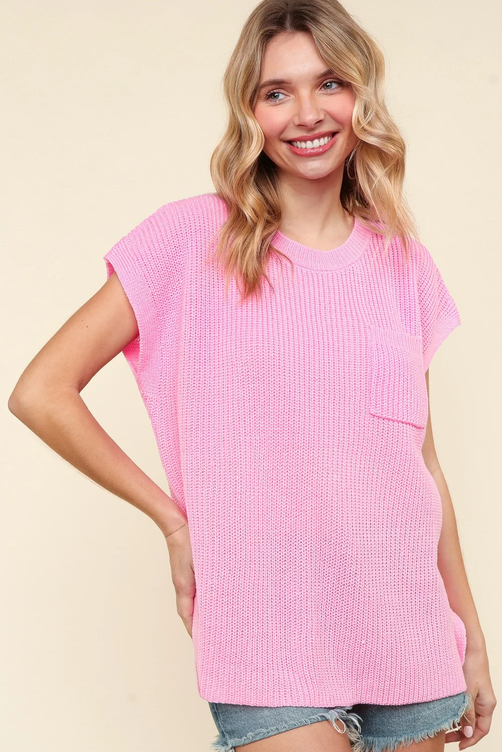 BLUSH SHORT SLEEVE OVERSIZED SWEATER KNIT W/ POCKET - Image 7