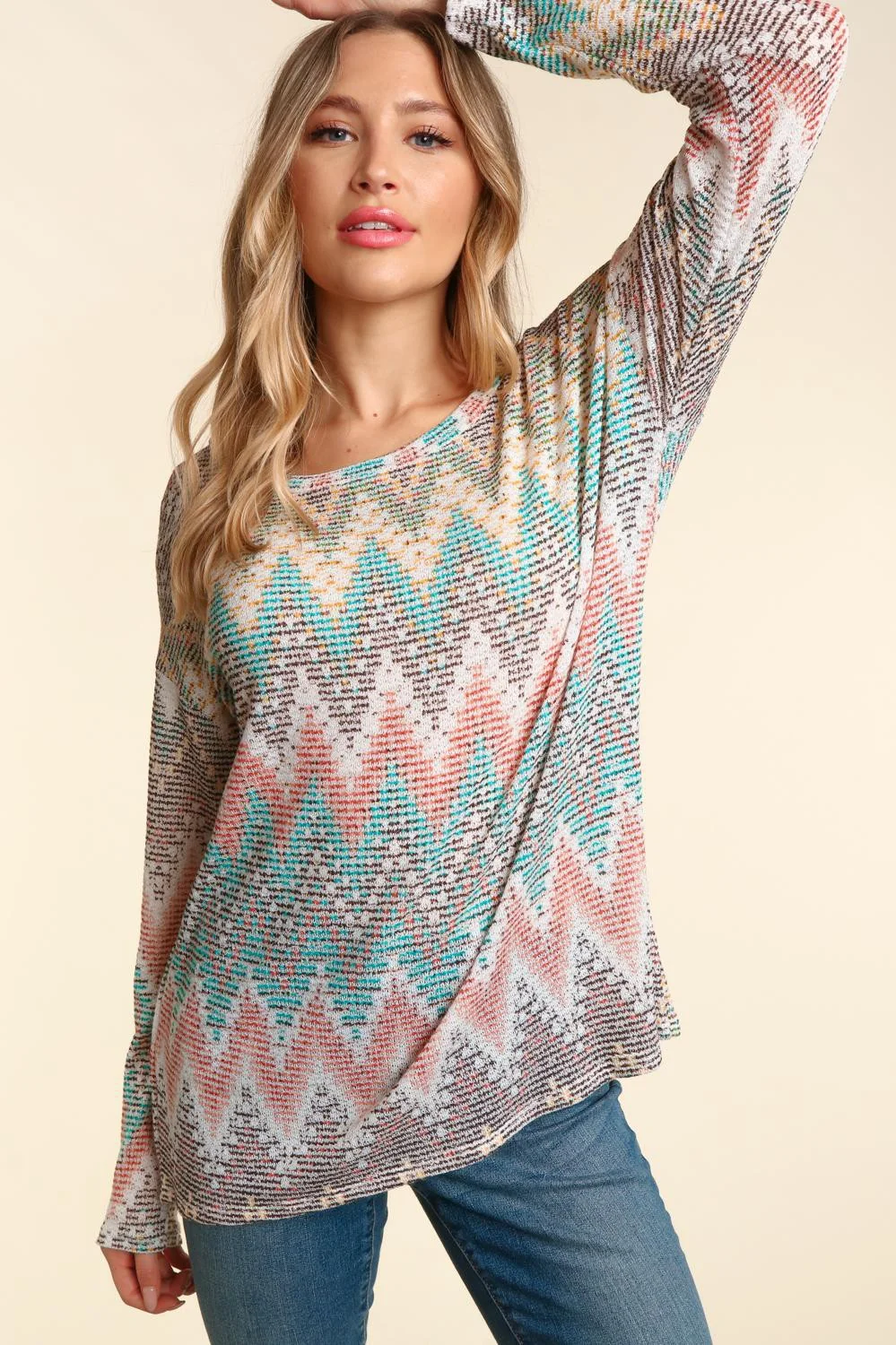 TEAL BOHO ABSTRACT ROUND NECK LONG SLEEVE KNIT TOP - Image 2