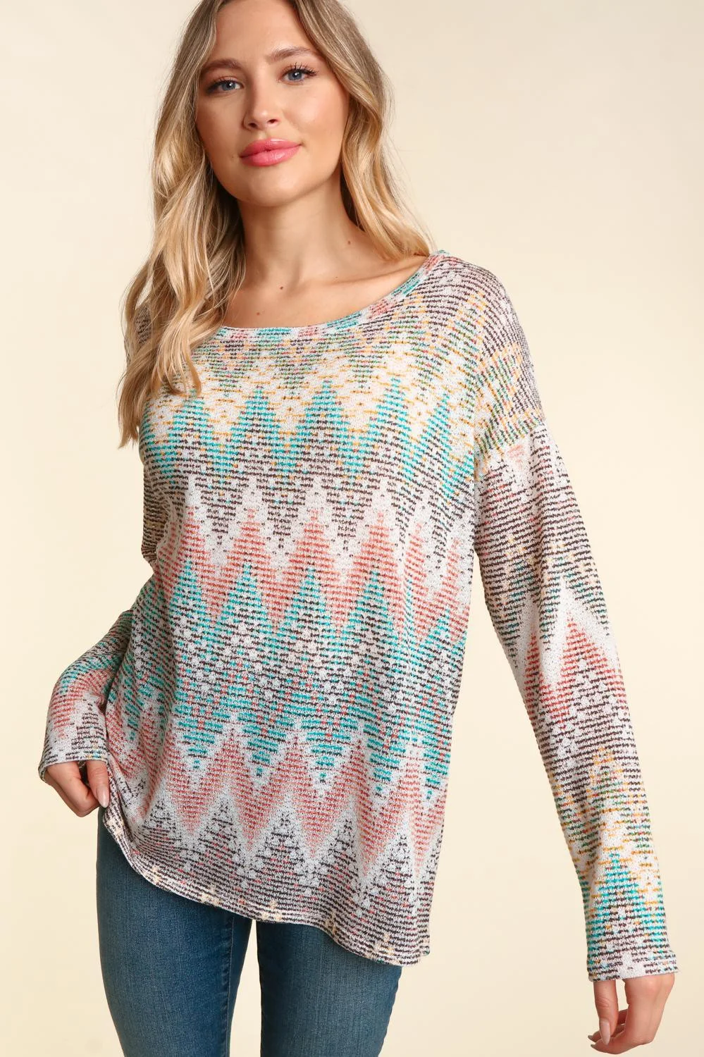 TEAL BOHO ABSTRACT ROUND NECK LONG SLEEVE KNIT TOP - Image 3