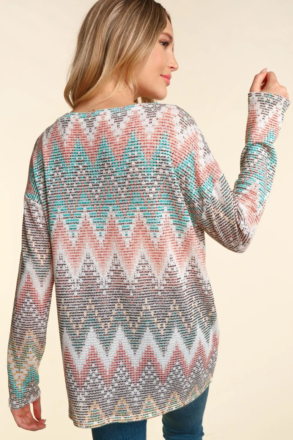 TEAL BOHO ABSTRACT ROUND NECK LONG SLEEVE KNIT TOP - Image 4