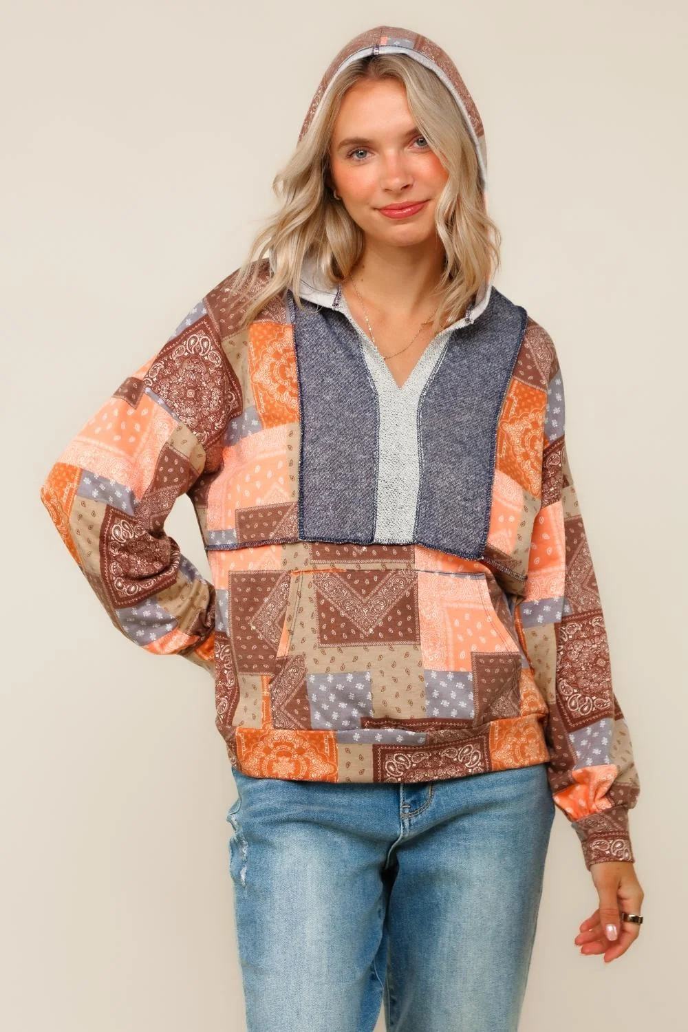 Plus Boho Patchwork Top W/Hoodie - Image 2