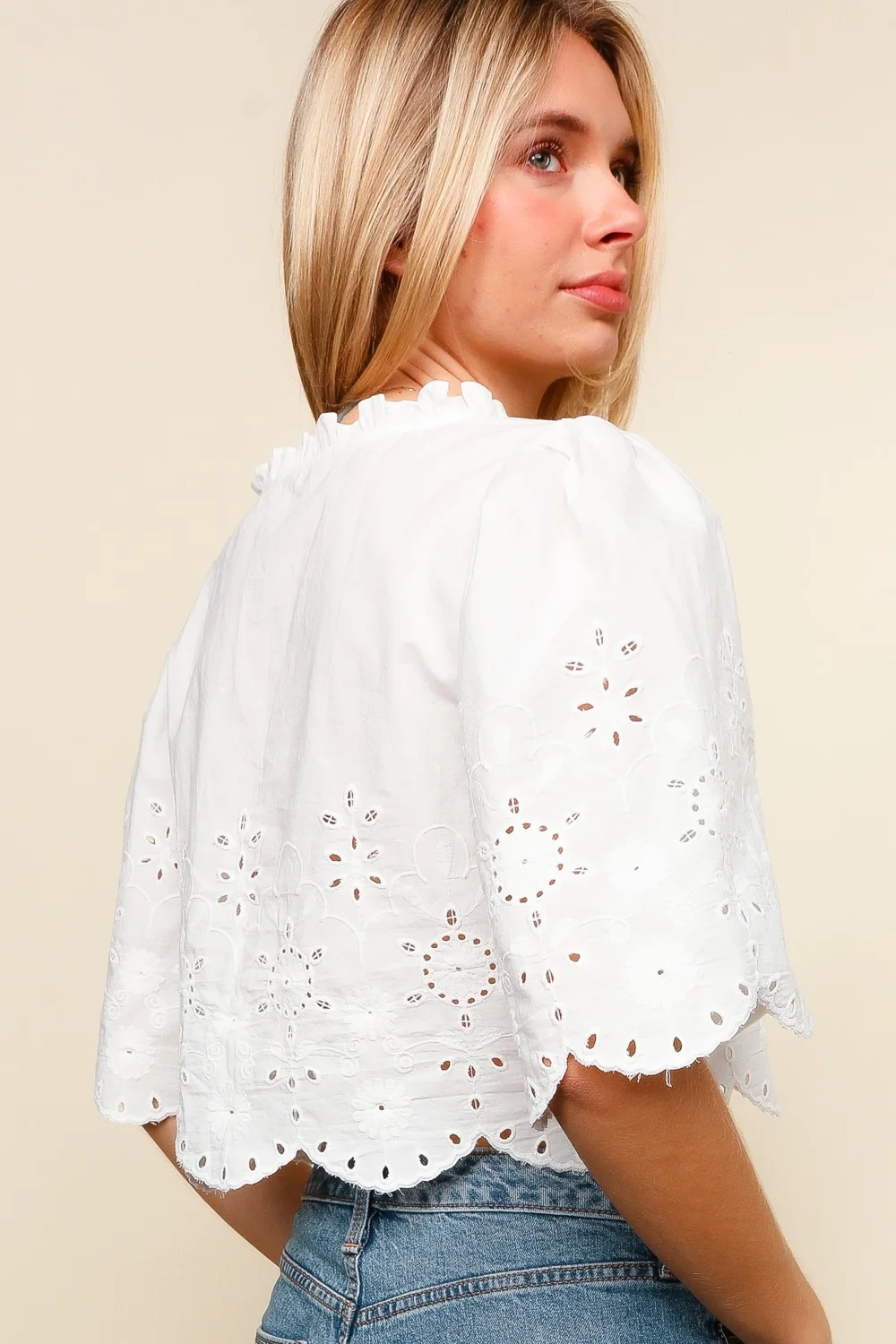 BOW TIE V NECK ELBOW SLEEVE EMBROIDERED EYELET TOP - Image 4