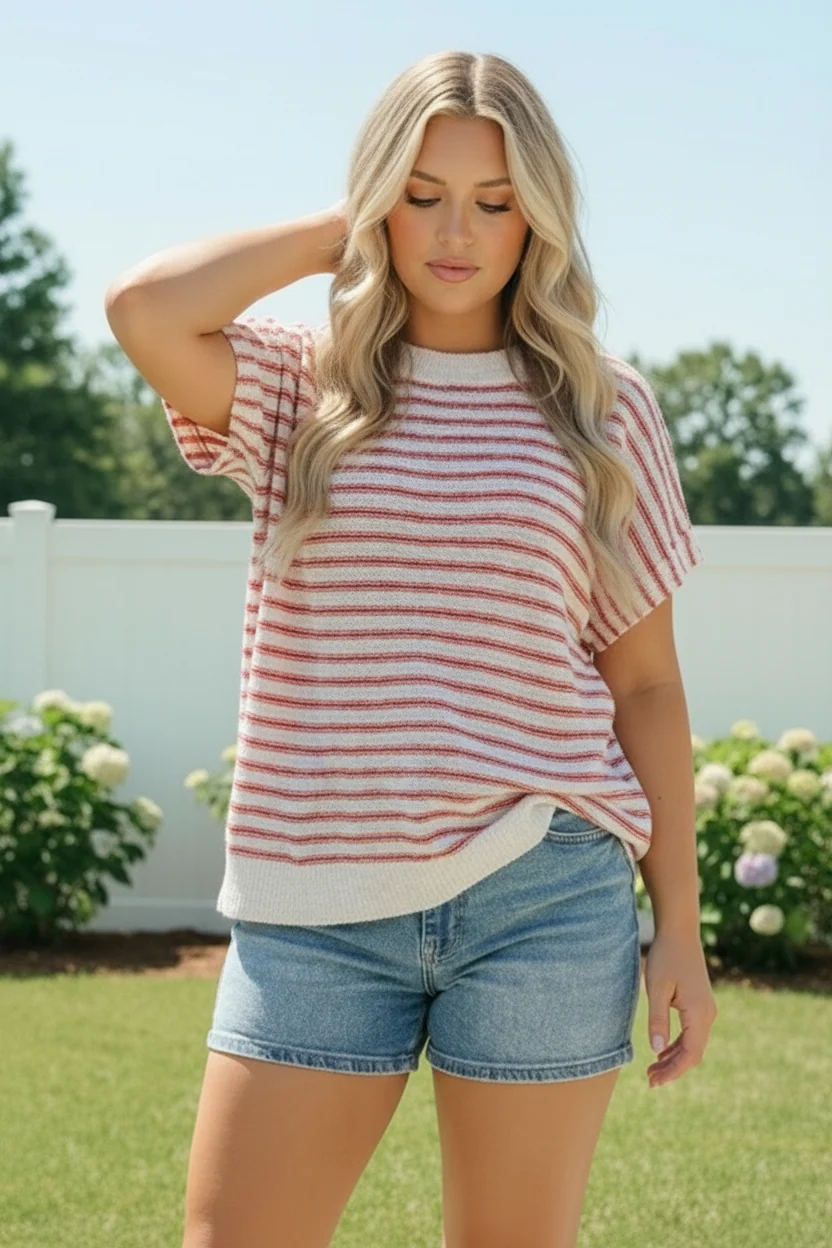 Breezy Stripe Knit Top in Ivory and Red (Open Pack) - Image 6