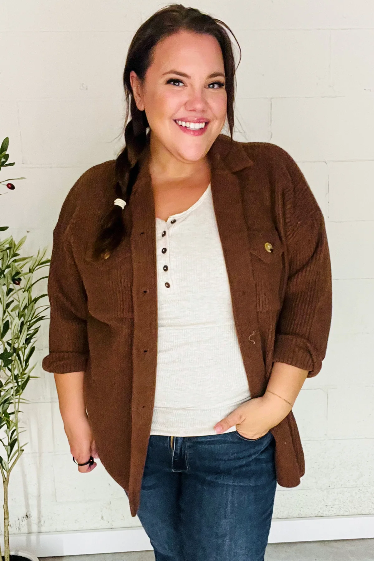 Plus Brown Button Down Ribbed Shacket - Image 6