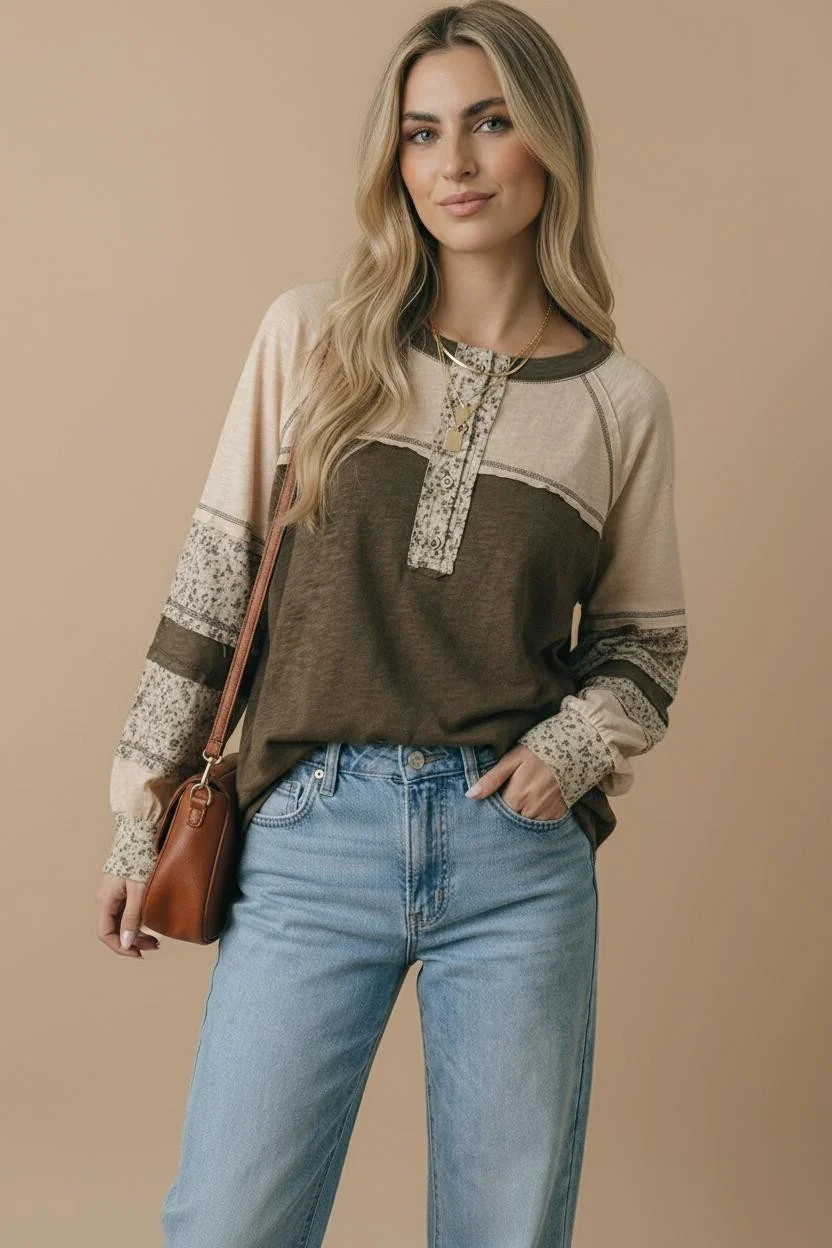 Brown Color Block Floral Mixed Media Henley Top - Image 5